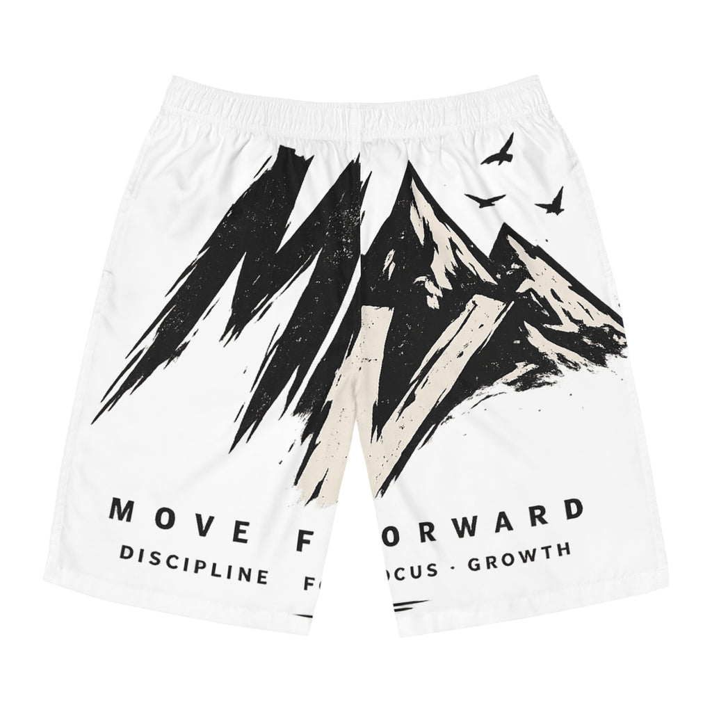 Board Shorts — 'Move Forward' Mountain Graphic Swim Trunks