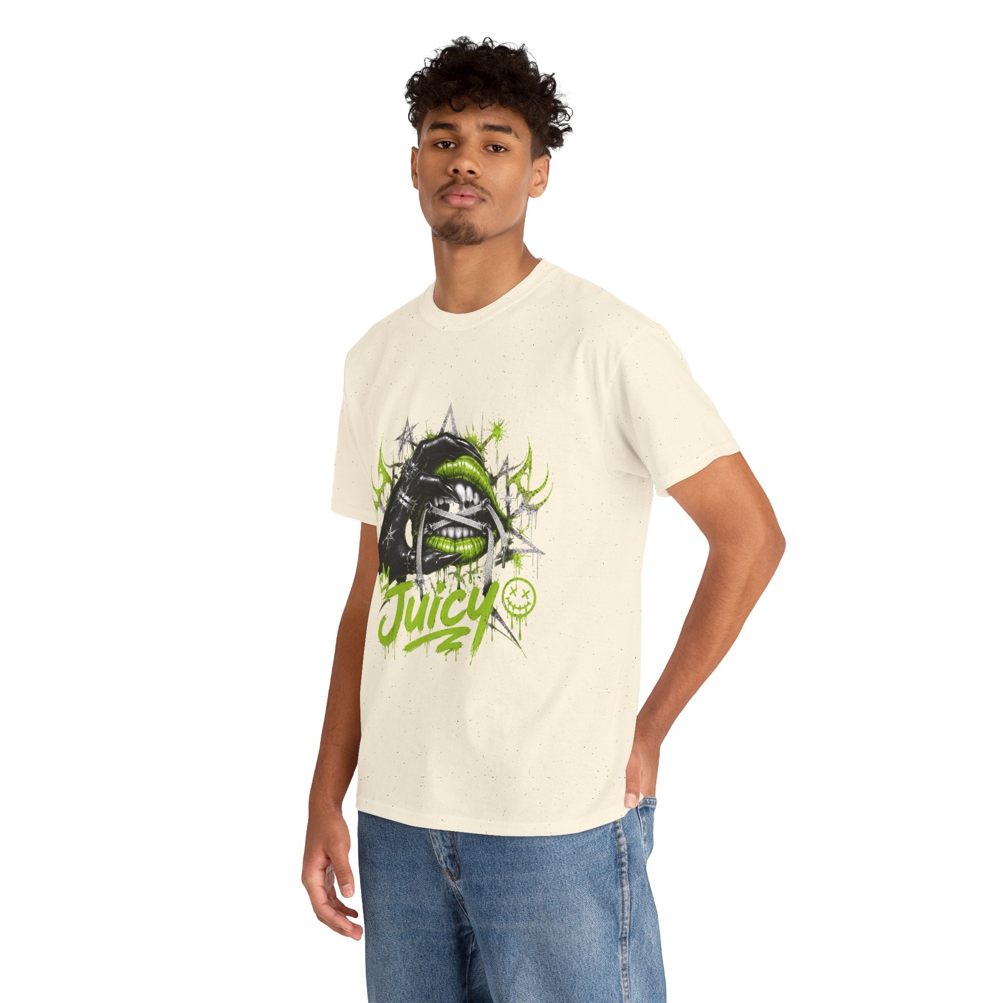 Juicy Graffiti Tee — Neon Green Street Art Graphic T-Shirt