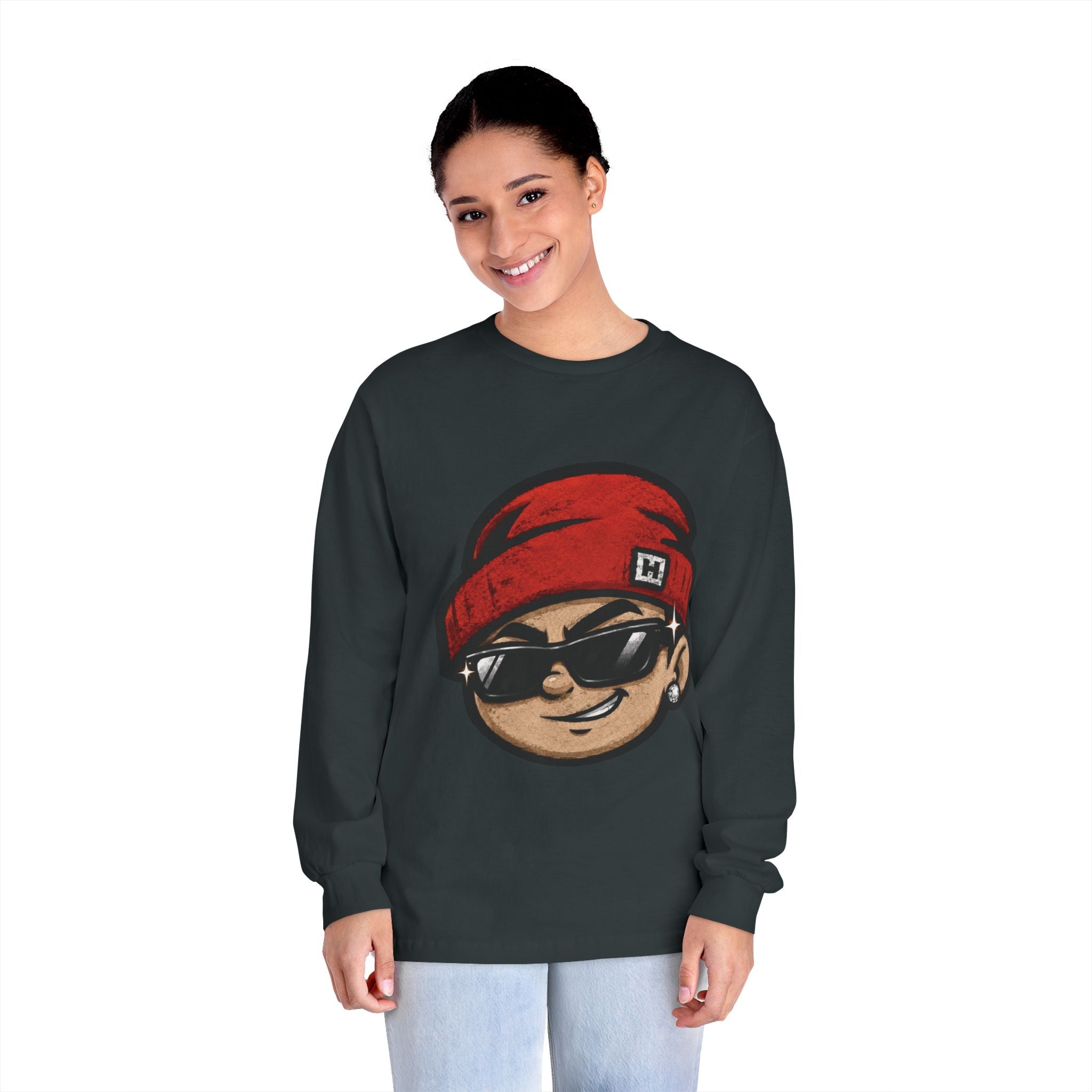 Streetwear Smiley Face Long Sleeve T-Shirt — Red Beanie Cool Kid Graphic