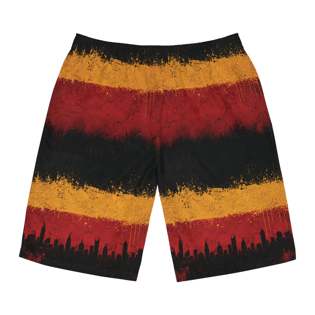 Board Shorts — Grunge Sunset Stripe with City Skyline
