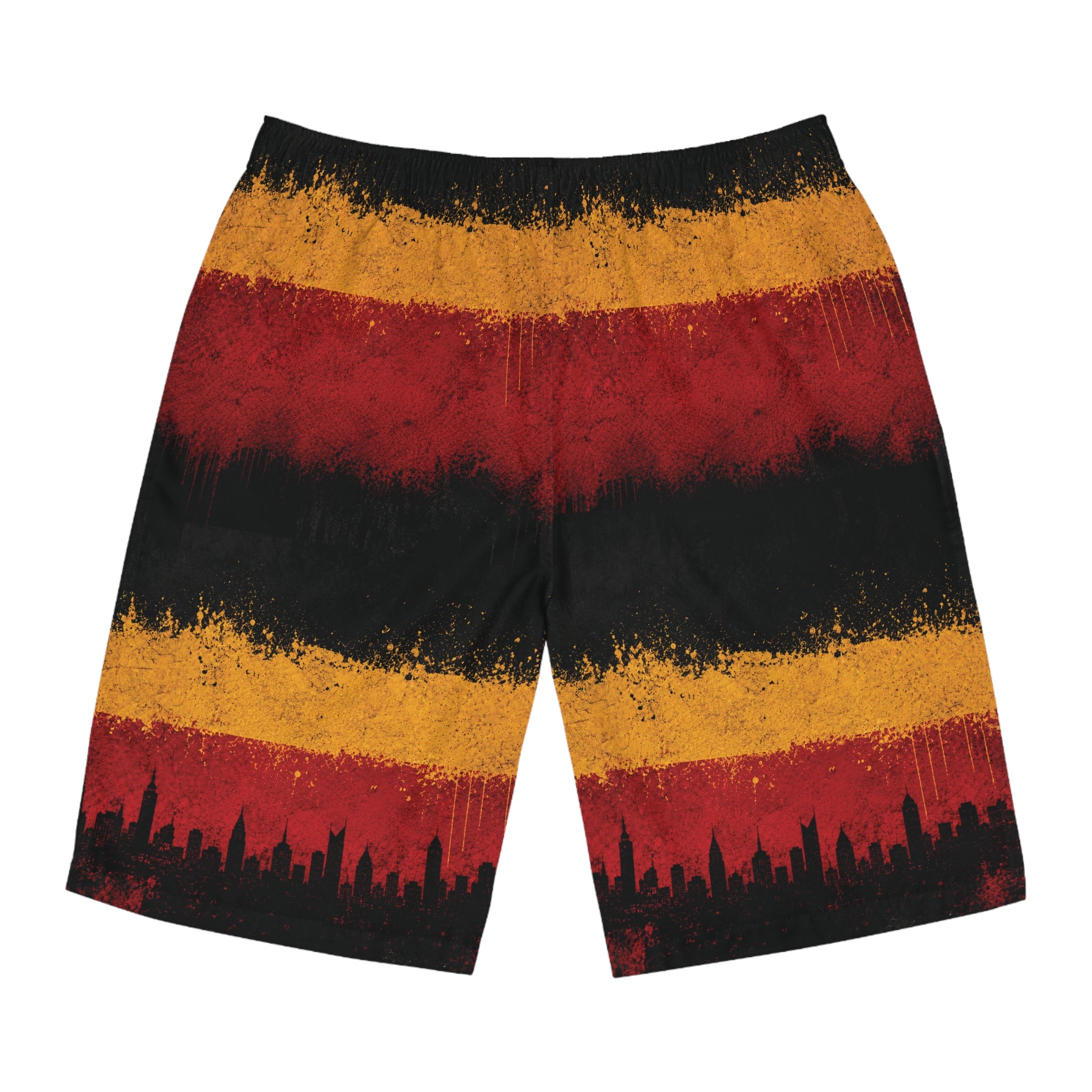 Board Shorts — Grunge Sunset Stripe with City Skyline