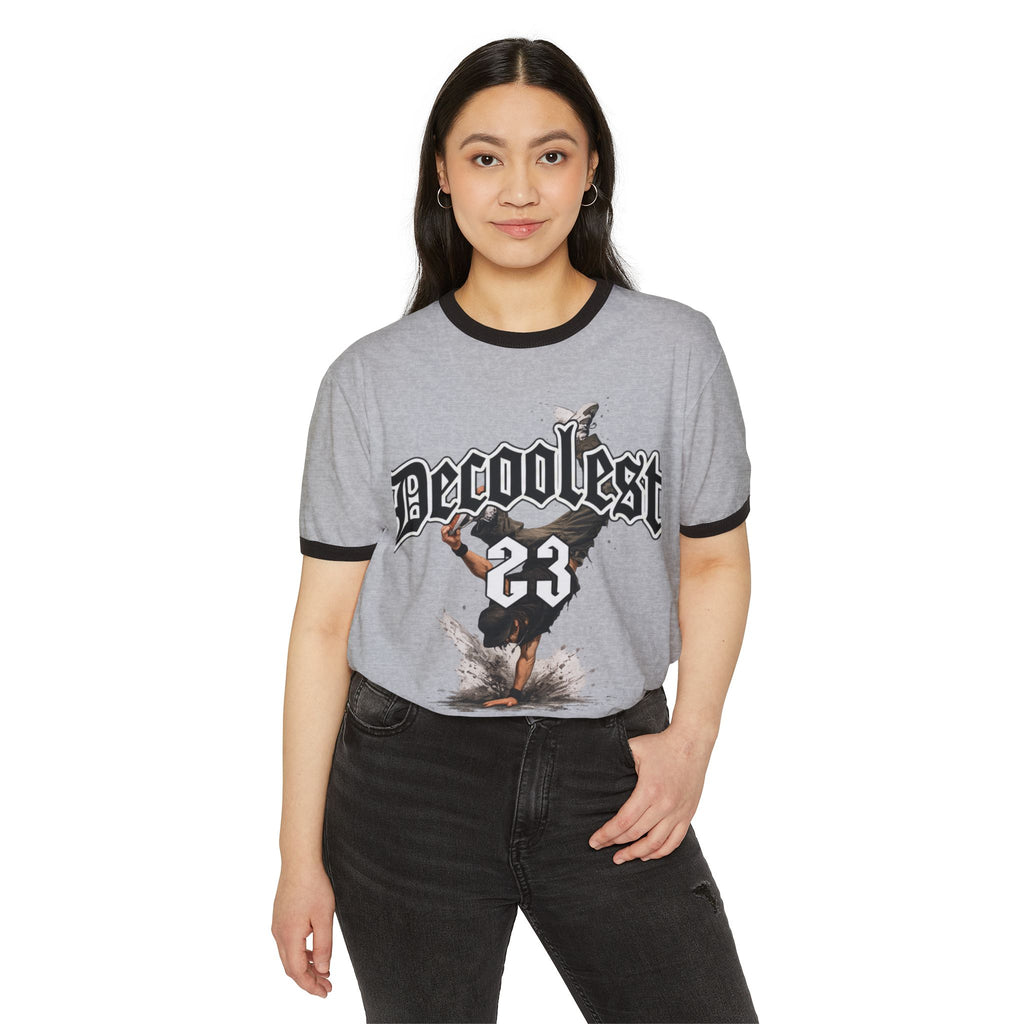 Ringer T-Shirt — 'Decoolest 23' Breakdancer Graphic with Lion Crest Back