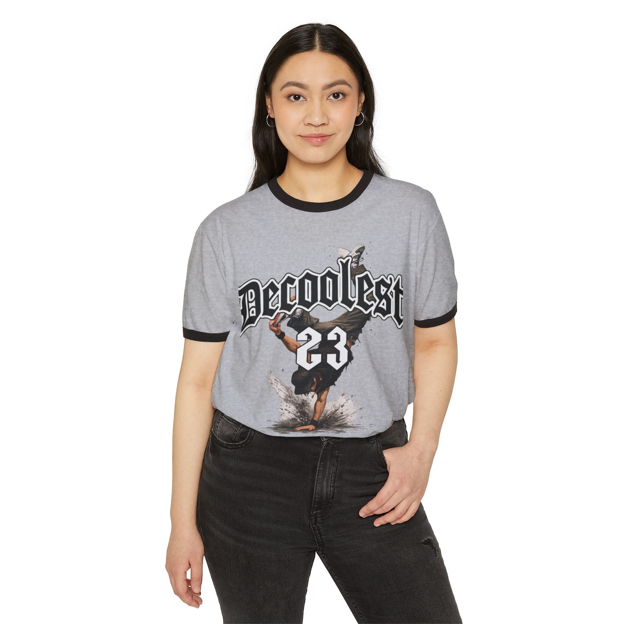 Ringer T-Shirt — 'Decoolest 23' Breakdancer Graphic with Lion Crest Back