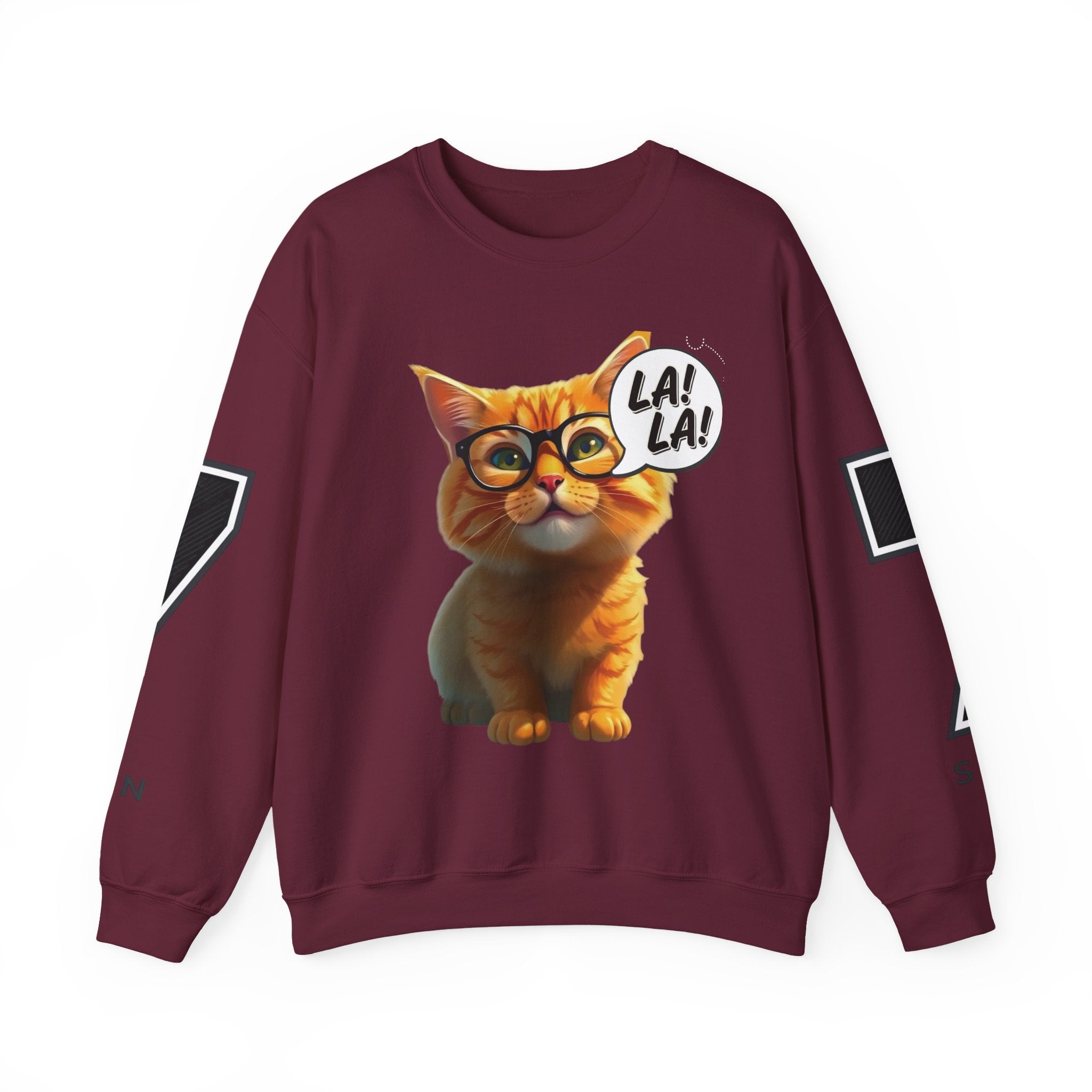 Cat Graphic Sweatshirt — Cute Orange Kitty with 'LA! LA!' Speech Bubble & Lion Crest Back