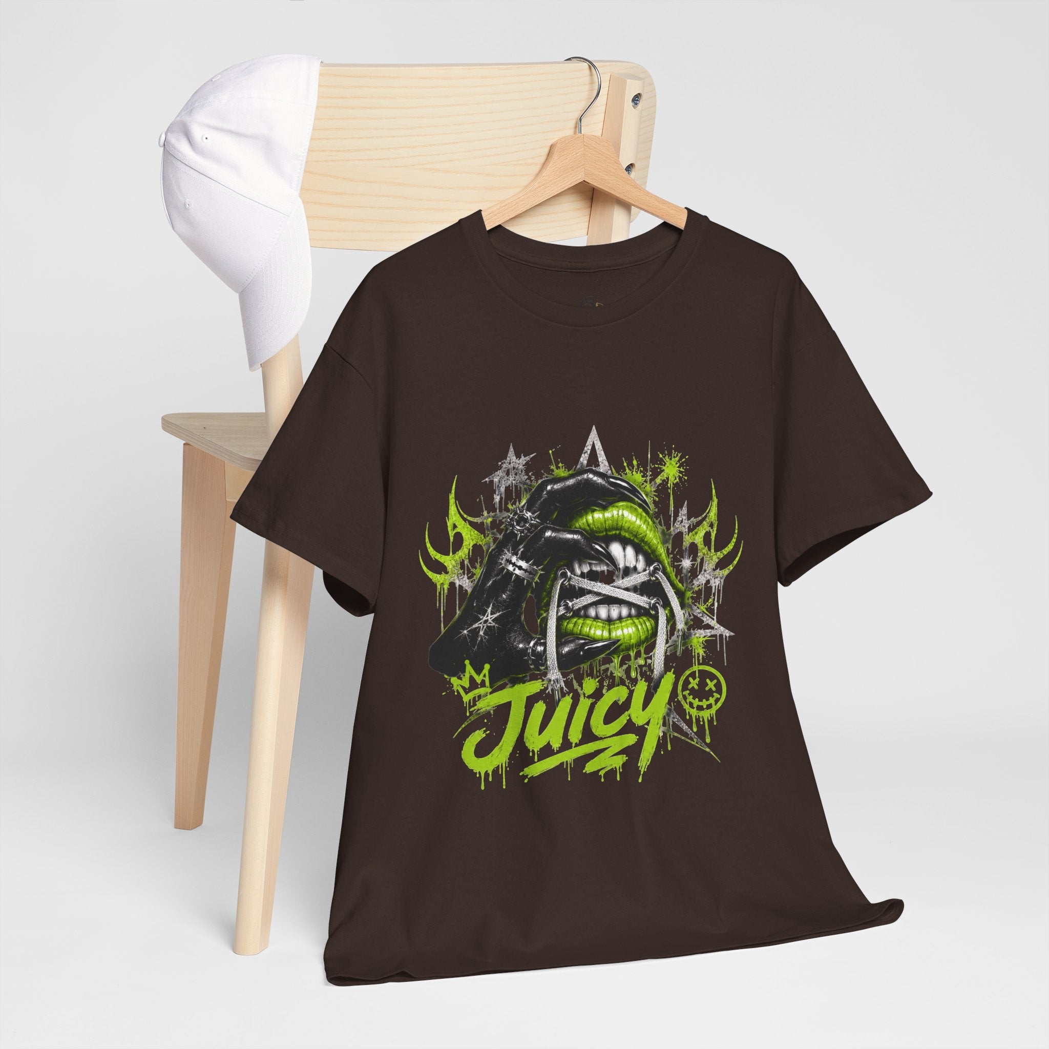 Juicy Graffiti Tee — Neon Green Street Art Graphic T-Shirt