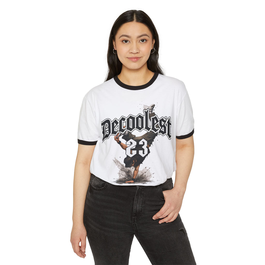 Ringer T-Shirt — 'Decoolest 23' Breakdancer Graphic with Lion Crest Back