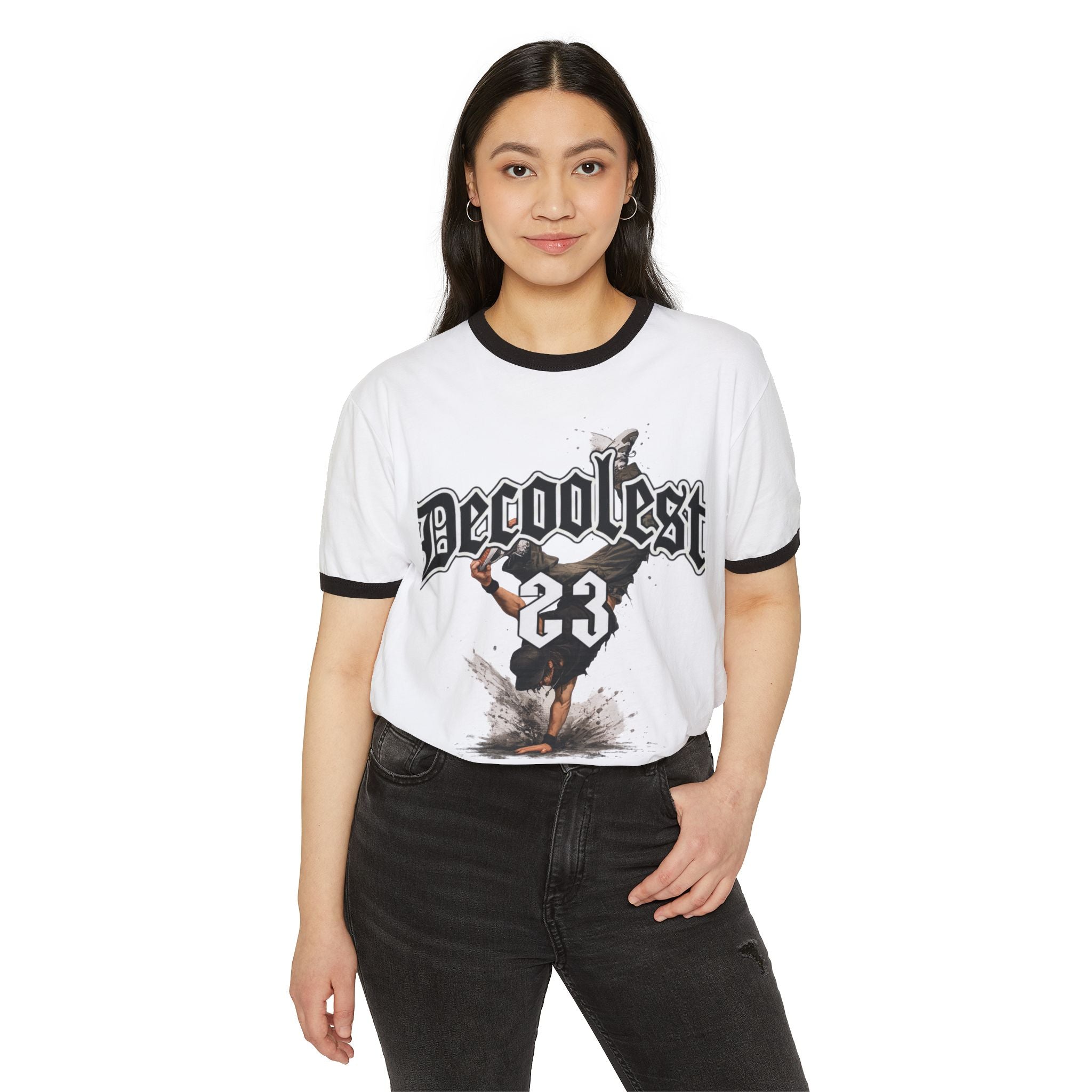 Ringer T-Shirt — 'Decoolest 23' Breakdancer Graphic with Lion Crest Back
