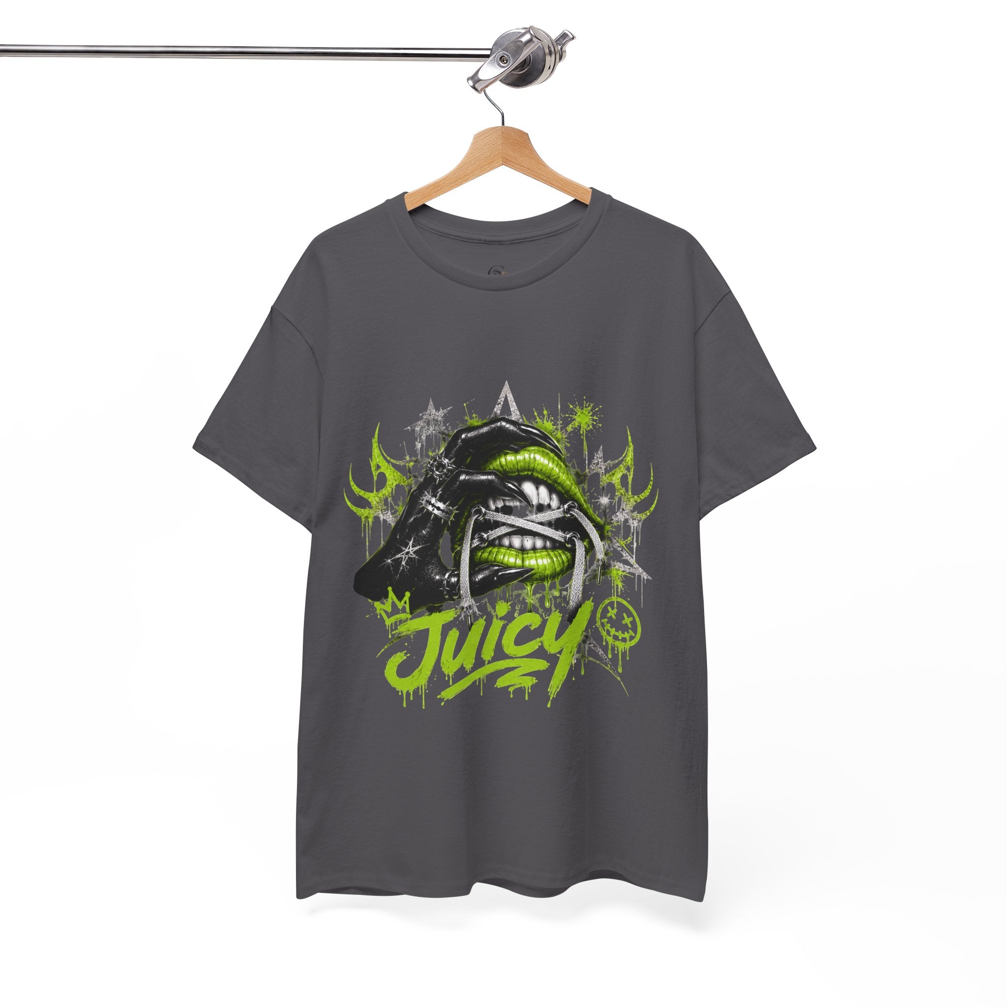 Juicy Graffiti Tee — Neon Green Street Art Graphic T-Shirt