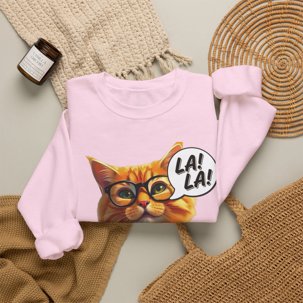 Cat Graphic Sweatshirt — Cute Orange Kitty with 'LA! LA!' Speech Bubble & Lion Crest Back
