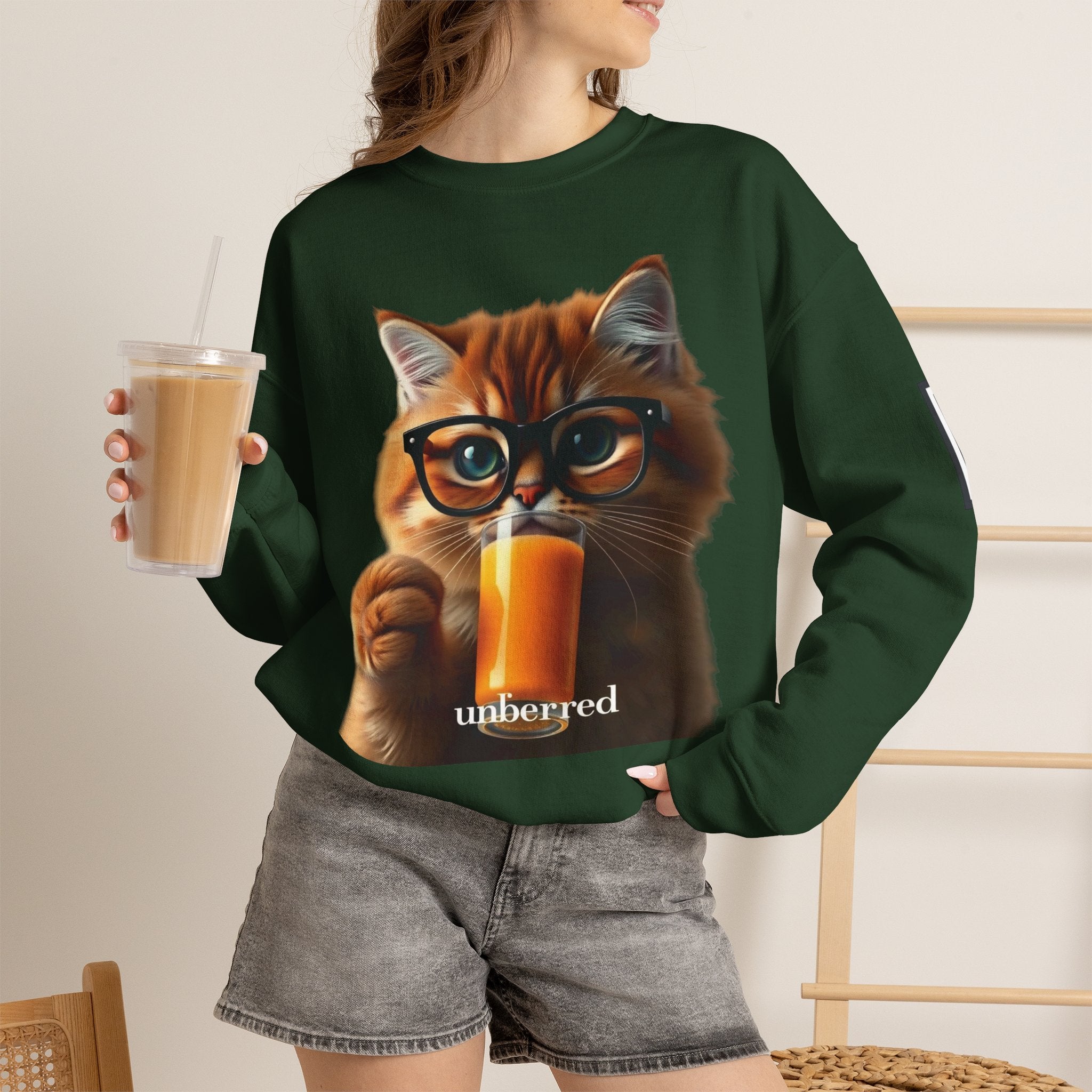 Cat With Juice Graphic Sweatshirt — 'Unbothered' Cozy Crewneck