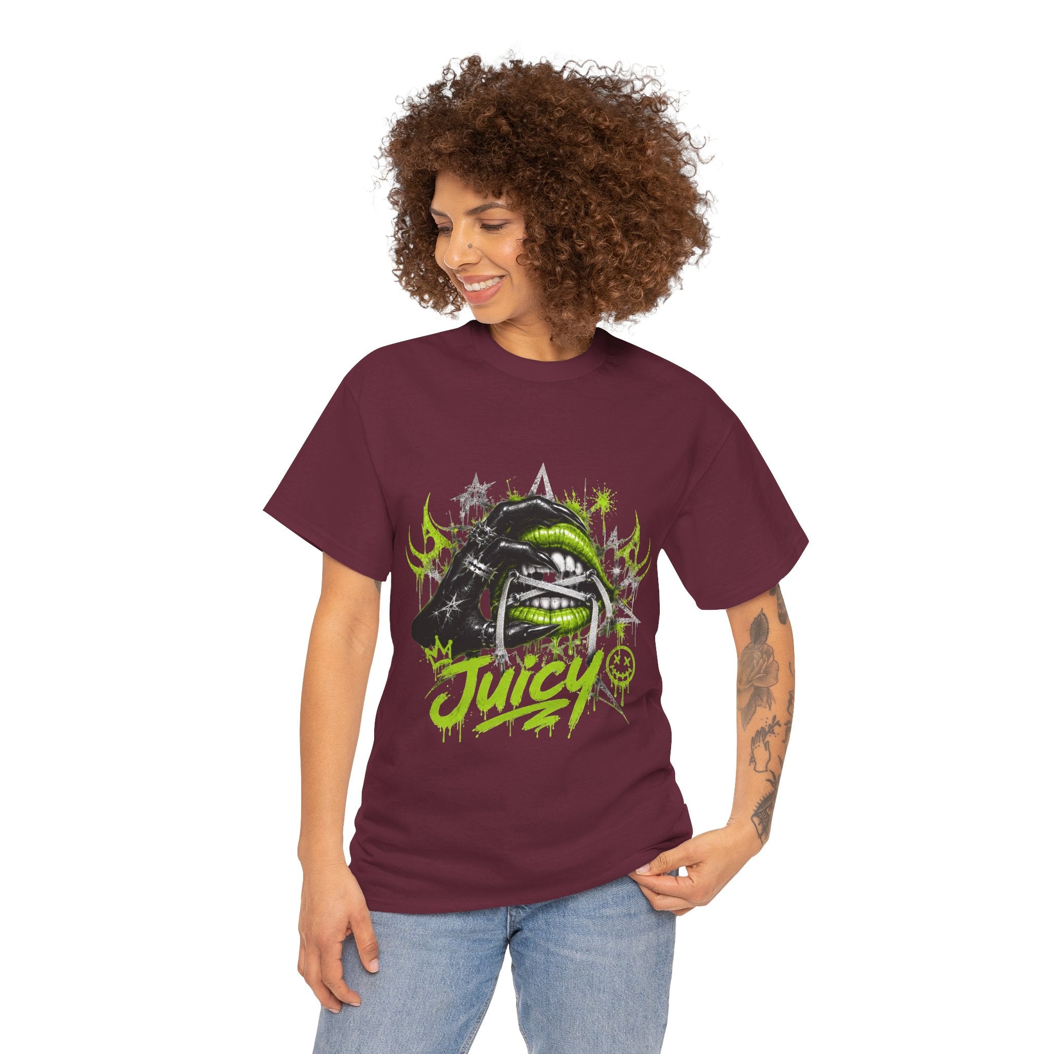Juicy Graffiti Tee — Neon Green Street Art Graphic T-Shirt