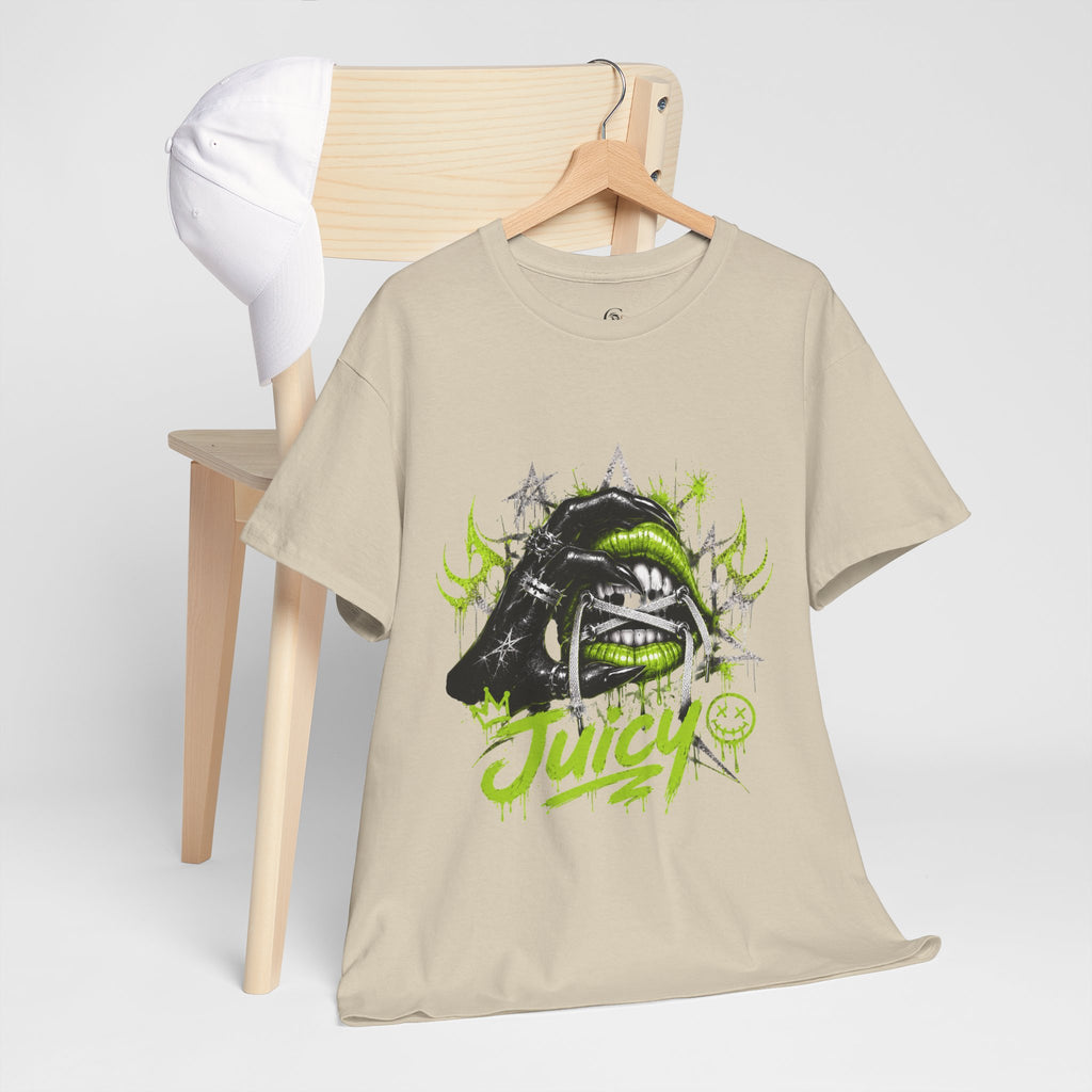 Juicy Graffiti Tee — Neon Green Street Art Graphic T-Shirt