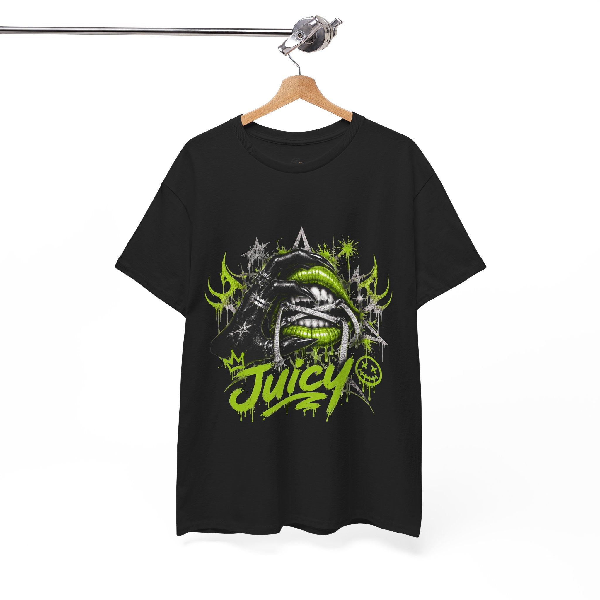 Juicy Graffiti Tee — Neon Green Street Art Graphic T-Shirt