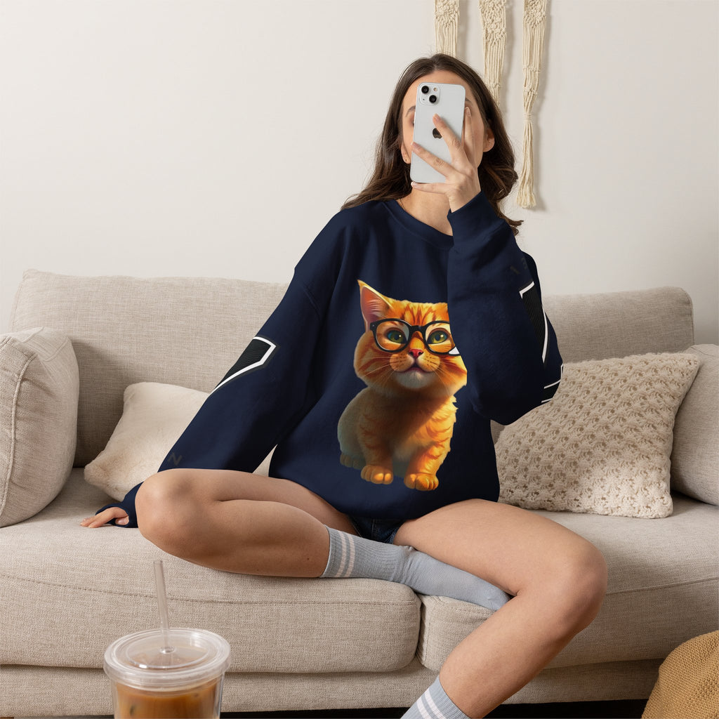 Cat Graphic Sweatshirt — Cute Orange Kitty with 'LA! LA!' Speech Bubble & Lion Crest Back