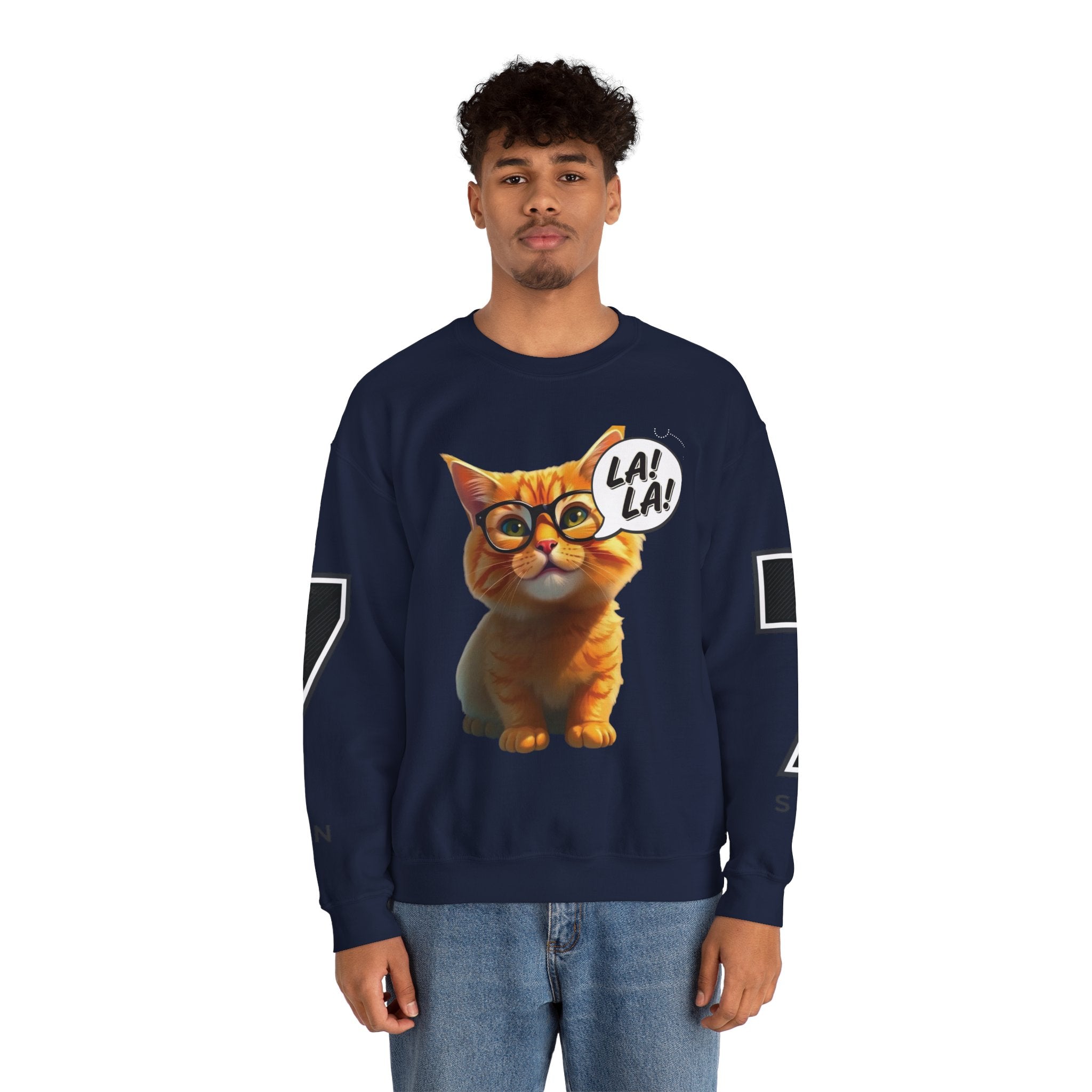 Cat Graphic Sweatshirt — Cute Orange Kitty with 'LA! LA!' Speech Bubble & Lion Crest Back