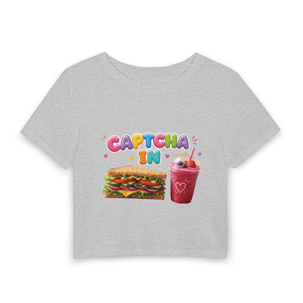 Women's Baby Tee — Cute Sandwich & Smoothie 'CAPTCHA IN' Graphic Crop Top