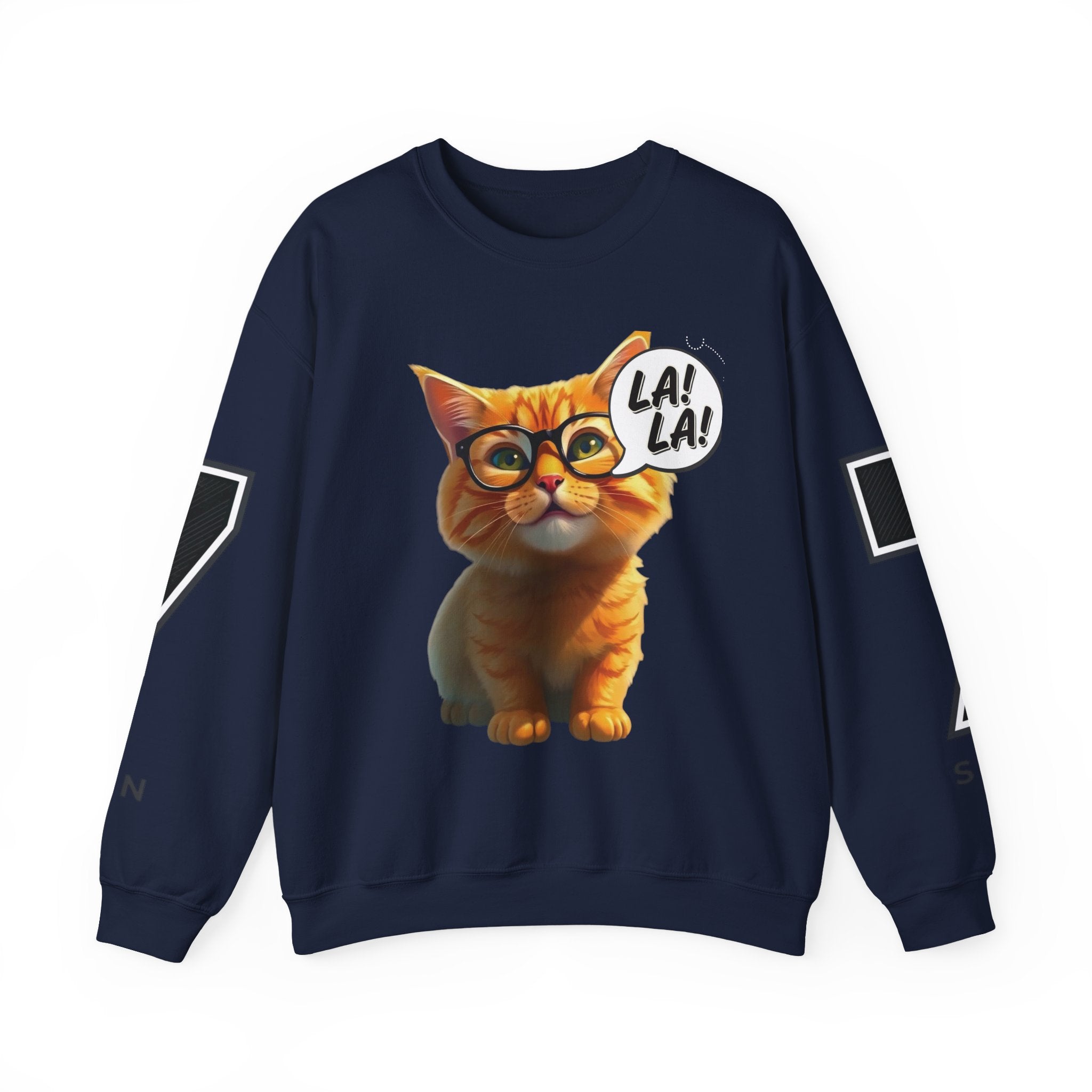 Cat Graphic Sweatshirt — Cute Orange Kitty with 'LA! LA!' Speech Bubble & Lion Crest Back