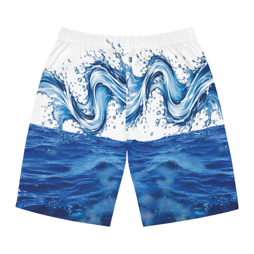 Men's Ocean Wave Board Shorts — Blue Surf Print Swim Trunks