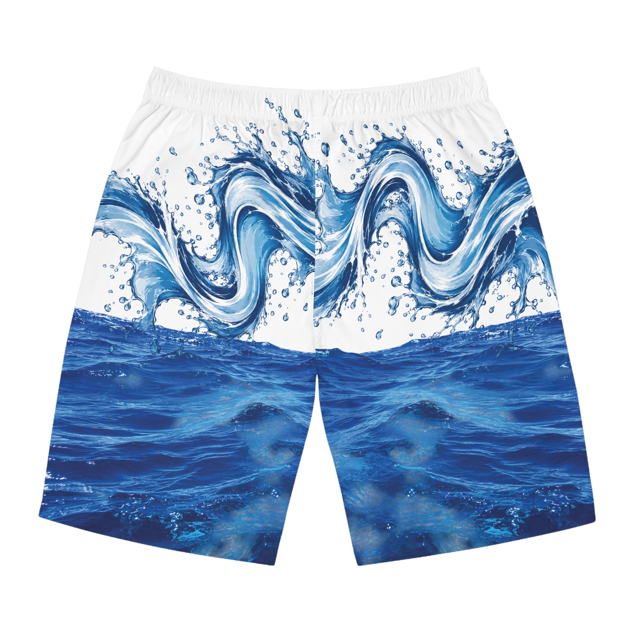 Men's Ocean Wave Board Shorts — Blue Surf Print Swim Trunks