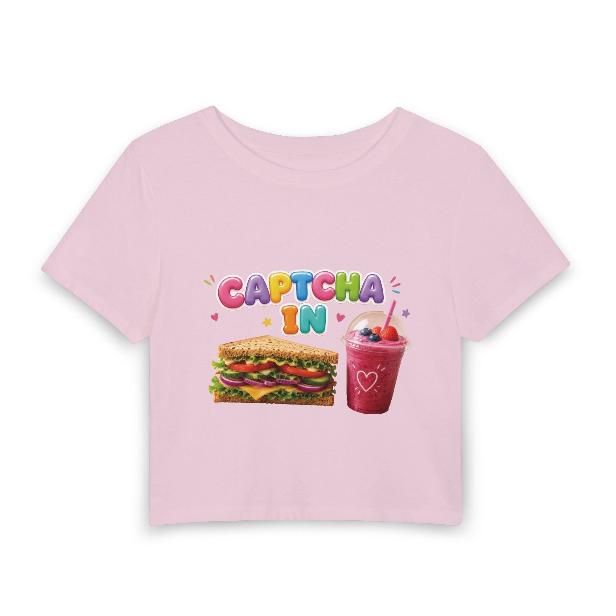 Women's Baby Tee — Cute Sandwich & Smoothie 'CAPTCHA IN' Graphic Crop Top