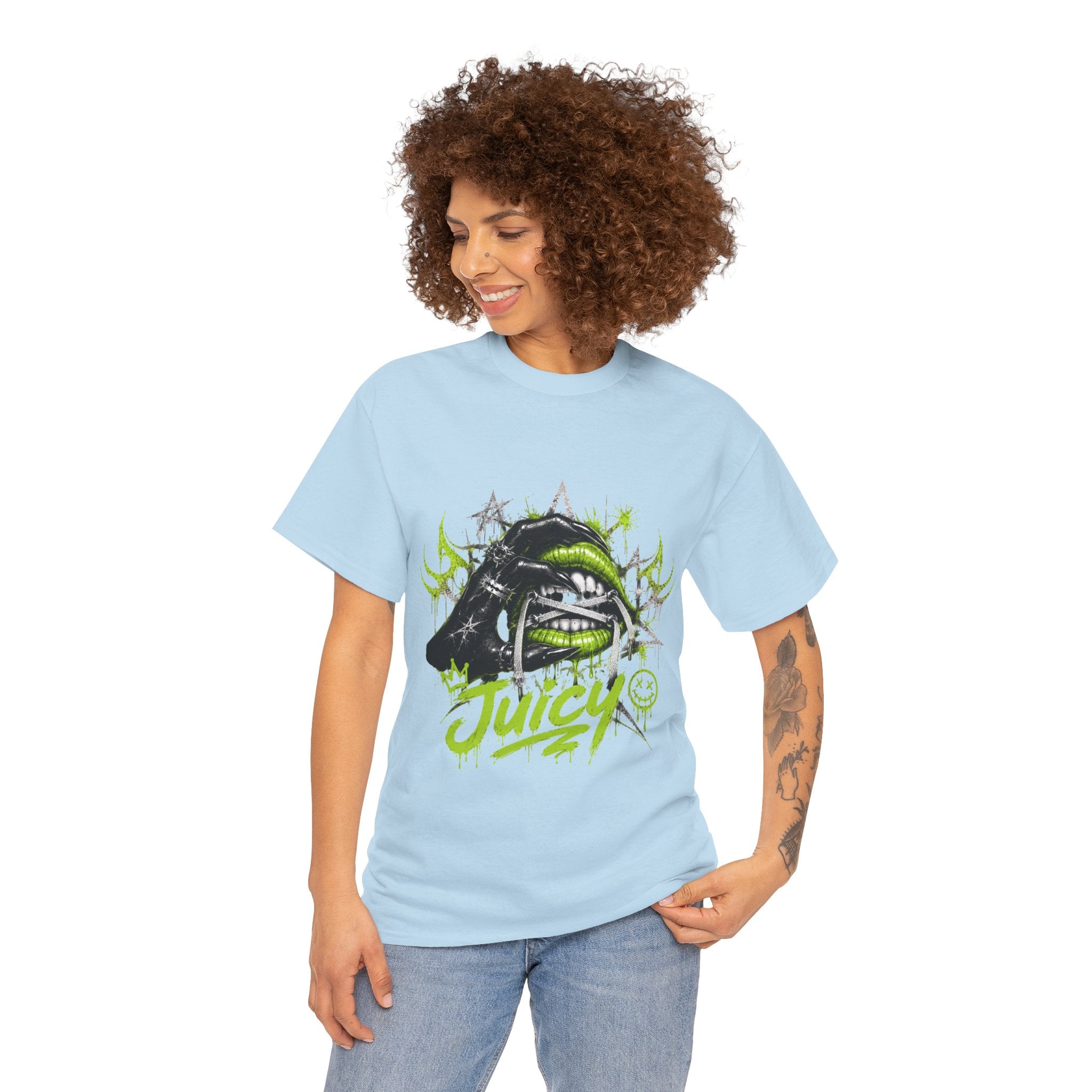 Juicy Graffiti Tee — Neon Green Street Art Graphic T-Shirt