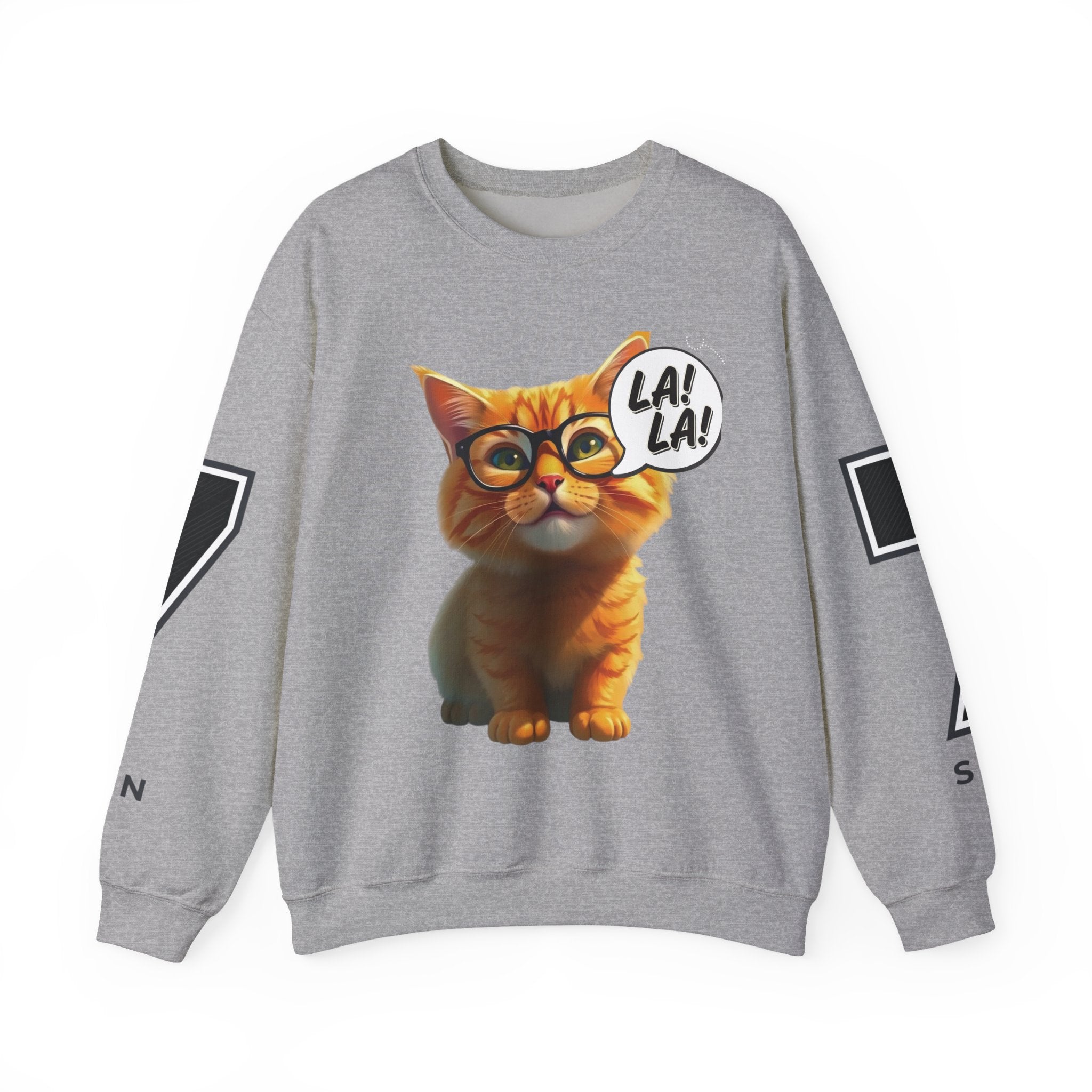 Cat Graphic Sweatshirt — Cute Orange Kitty with 'LA! LA!' Speech Bubble & Lion Crest Back