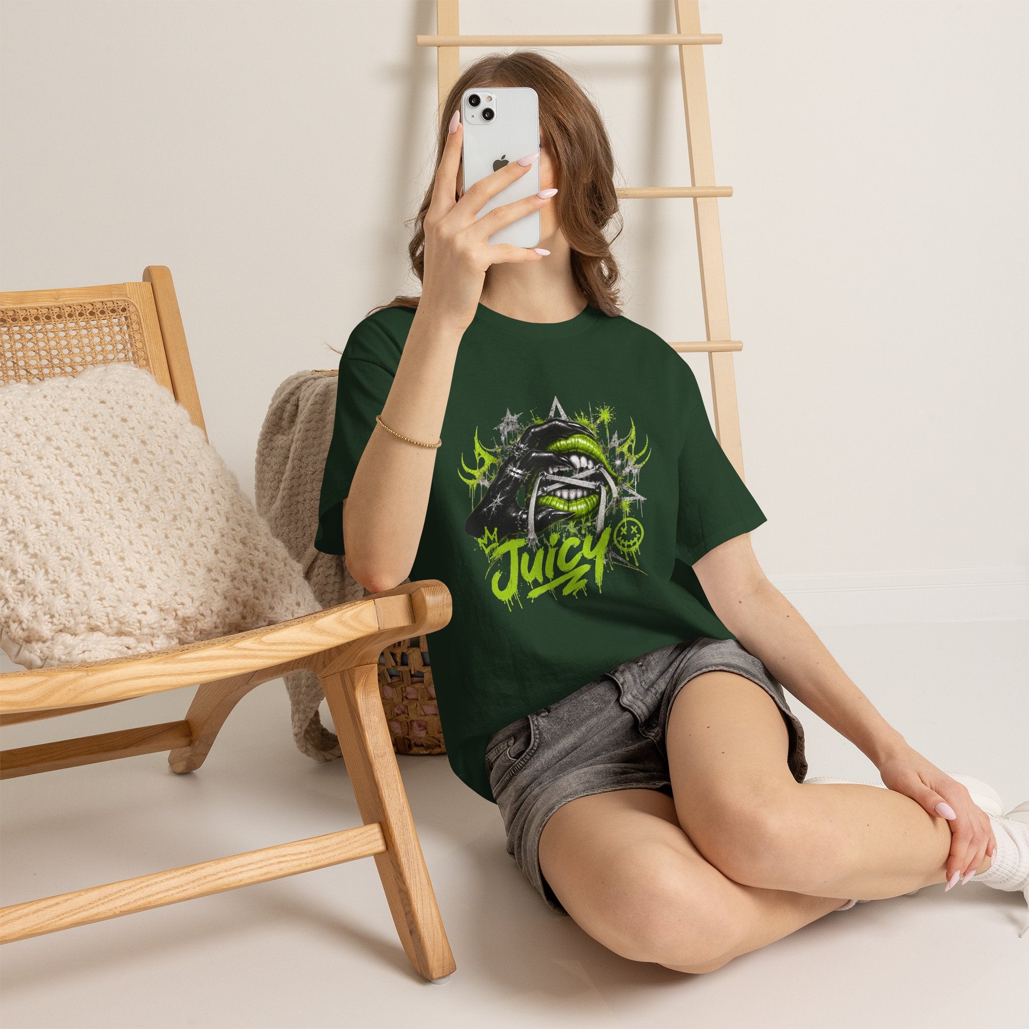 Juicy Graffiti Tee — Neon Green Street Art Graphic T-Shirt