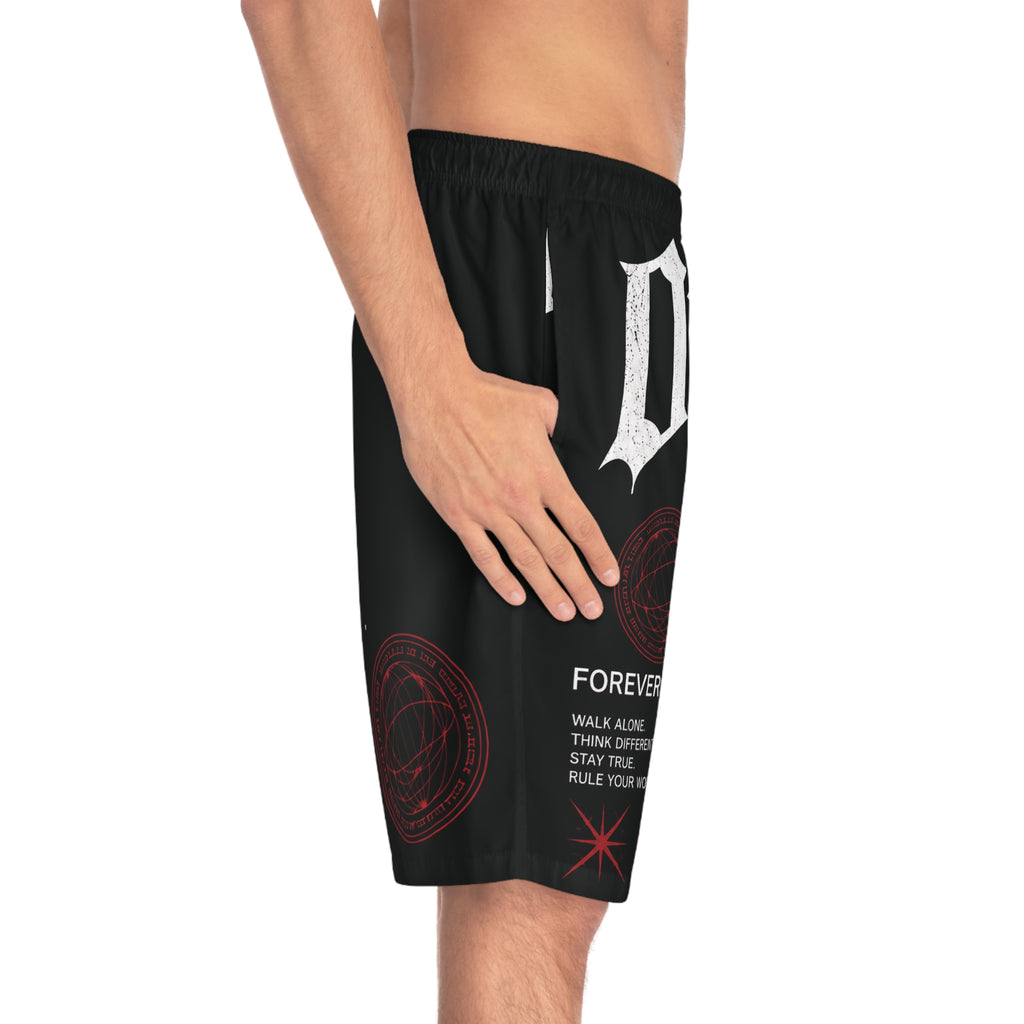 Forever Young Graphic Board Shorts — Men's Black Red Gothic Swim Trunks