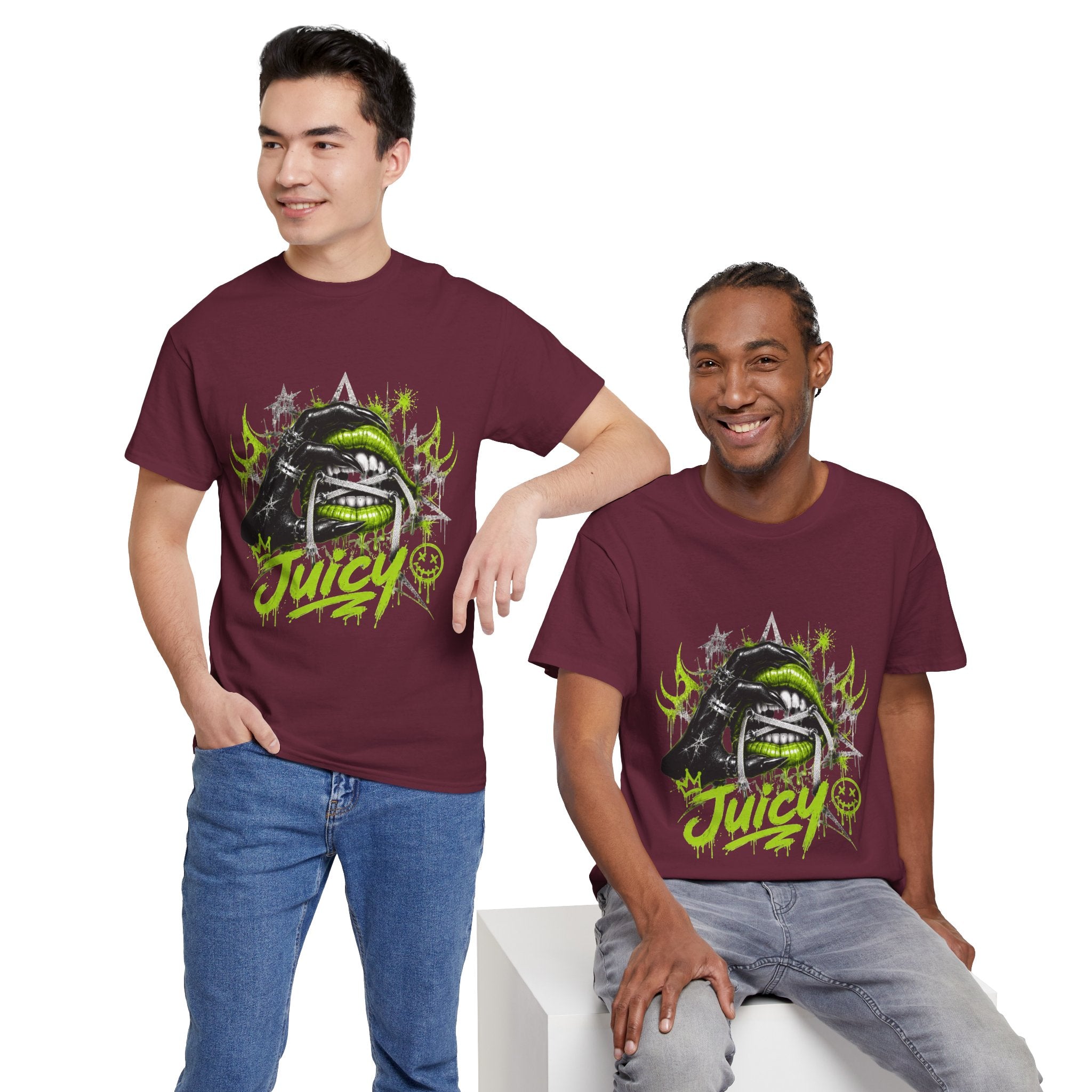 Juicy Graffiti Tee — Neon Green Street Art Graphic T-Shirt