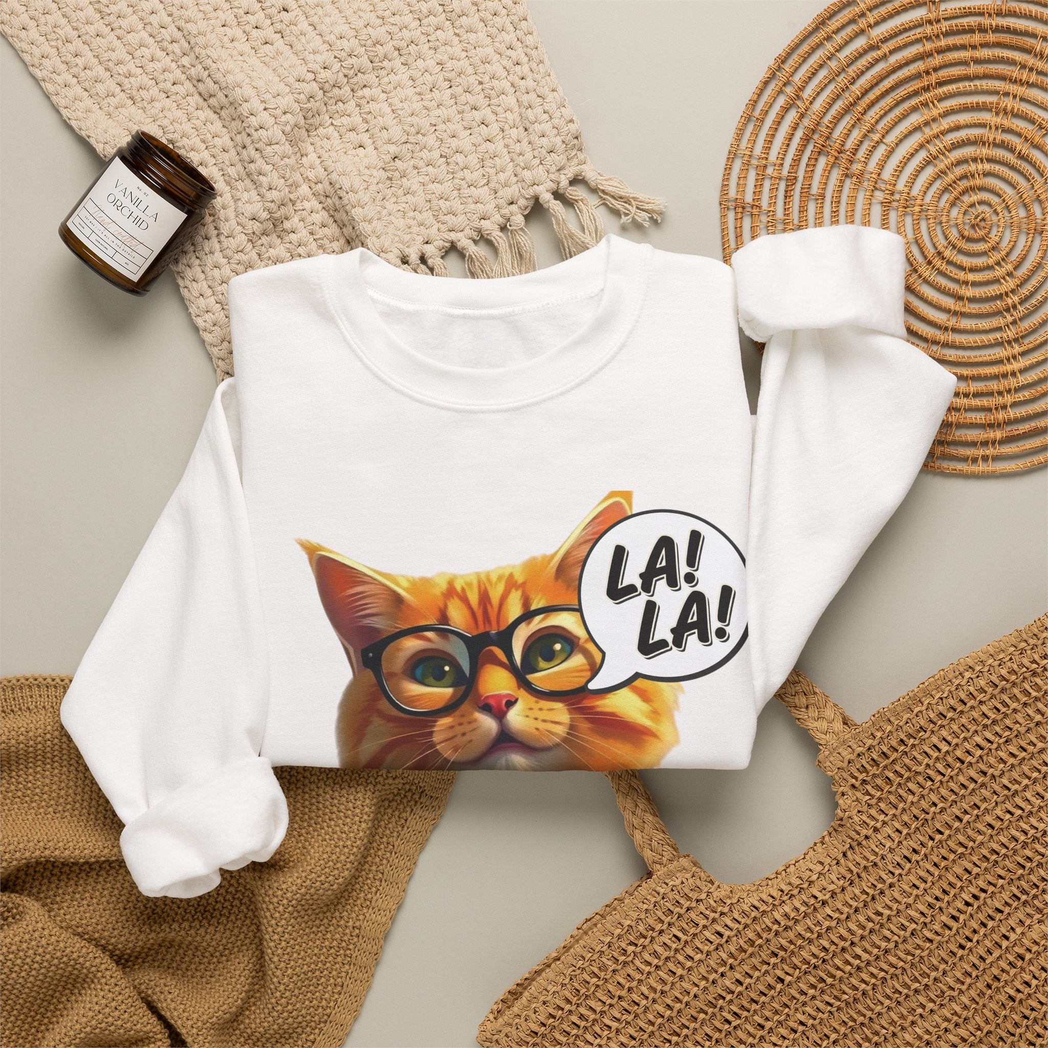 Cat Graphic Sweatshirt — Cute Orange Kitty with 'LA! LA!' Speech Bubble & Lion Crest Back
