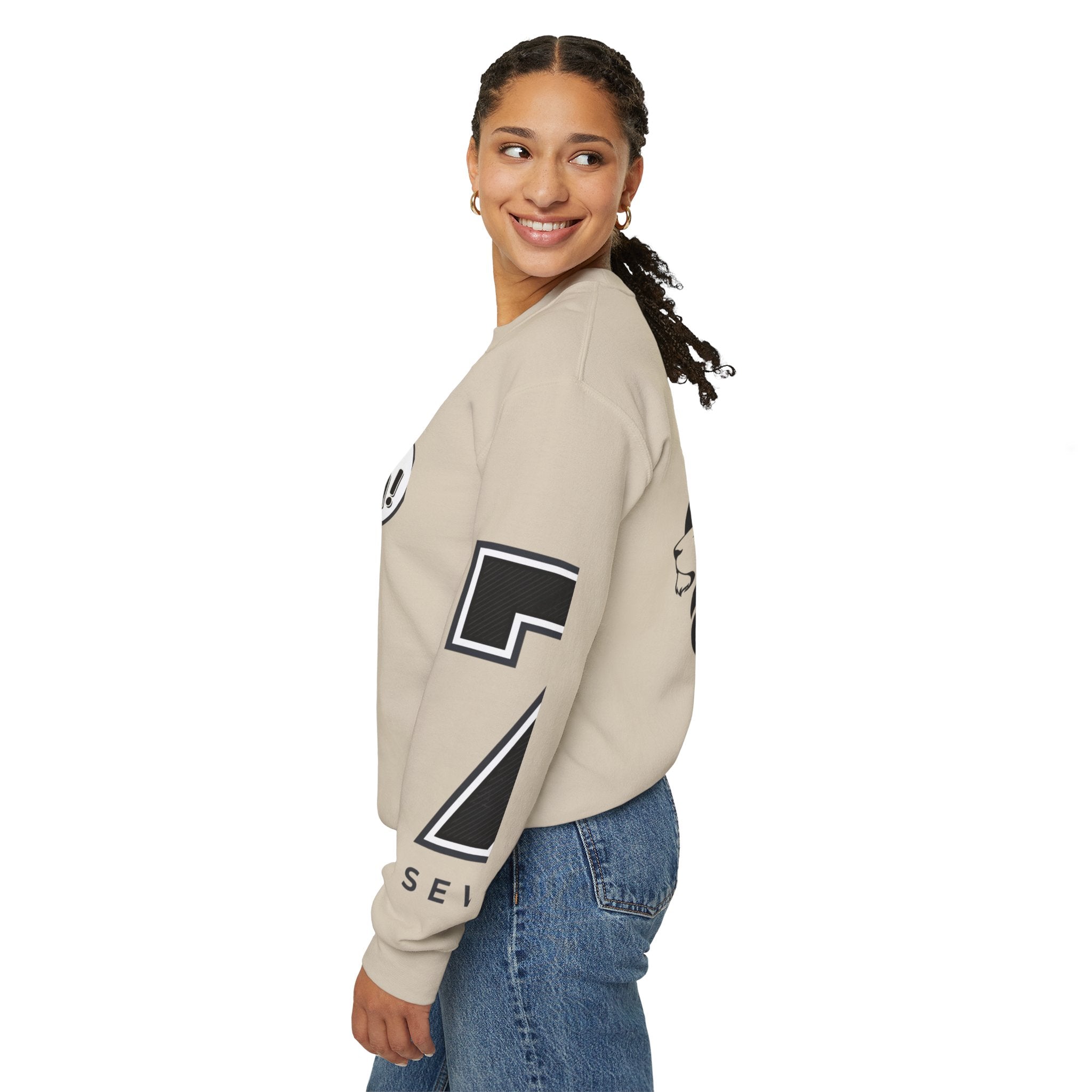 Cat Graphic Sweatshirt — Cute Orange Kitty with 'LA! LA!' Speech Bubble & Lion Crest Back