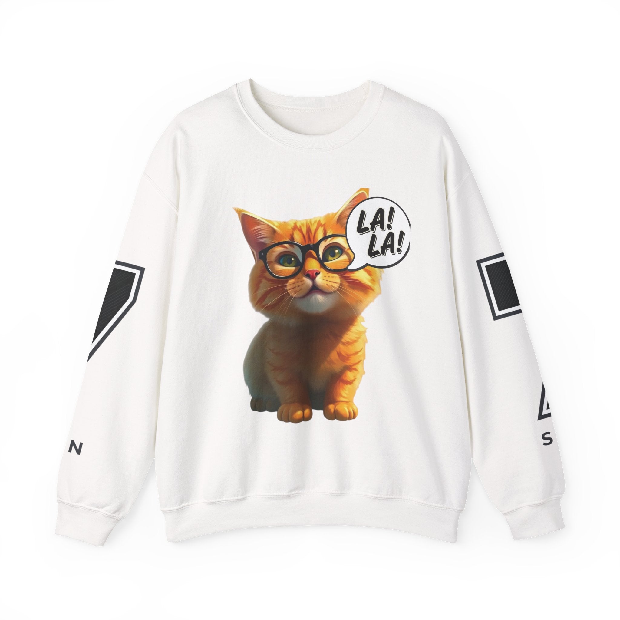 Cat Graphic Sweatshirt — Cute Orange Kitty with 'LA! LA!' Speech Bubble & Lion Crest Back
