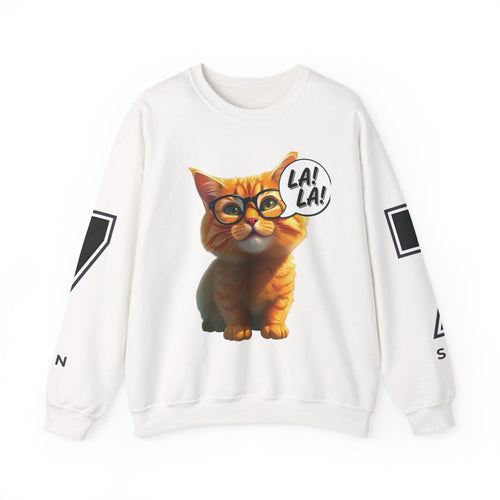 Cat Graphic Sweatshirt — Cute Orange Kitty with 'LA! LA!' Speech Bubble & Lion Crest Back