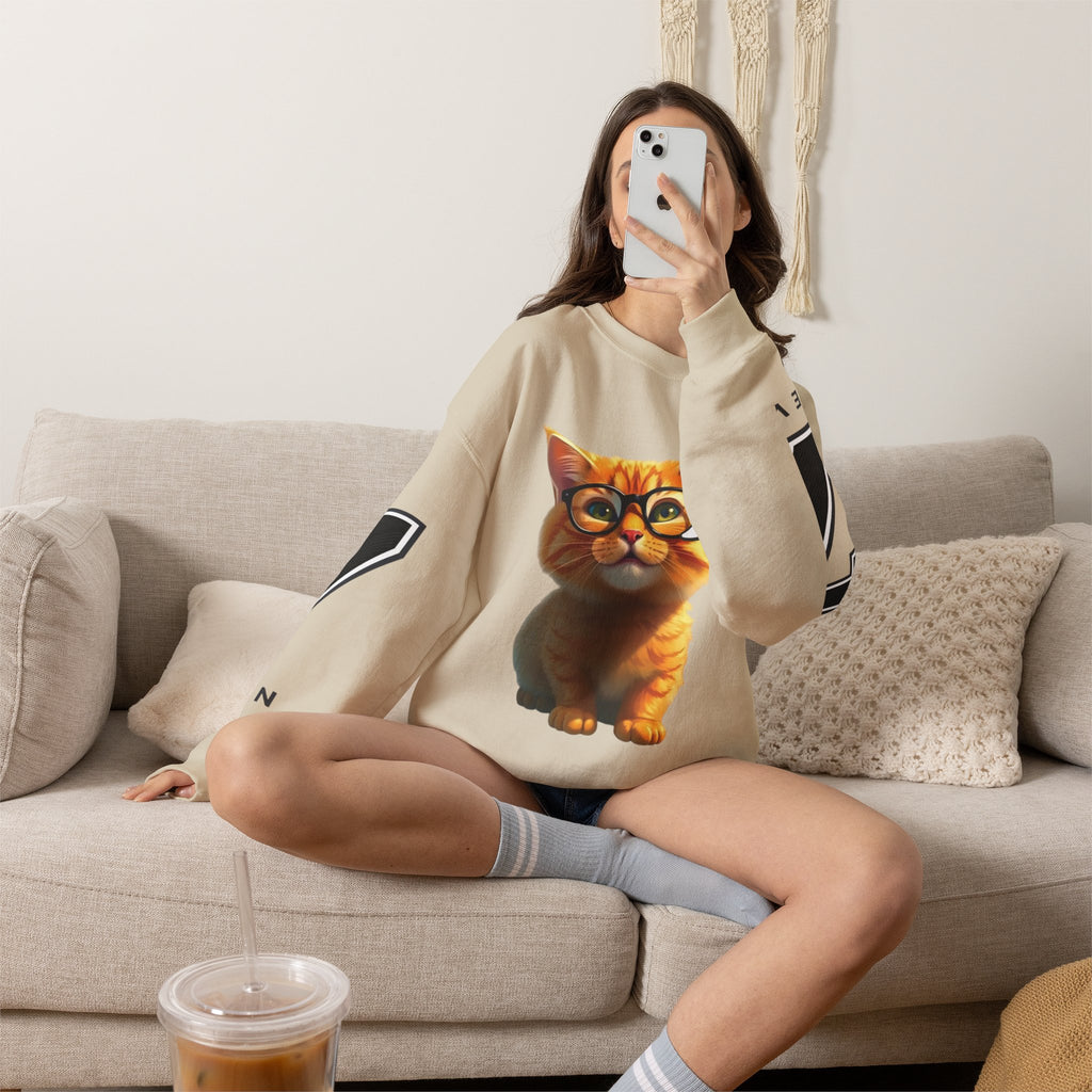 Cat Graphic Sweatshirt — Cute Orange Kitty with 'LA! LA!' Speech Bubble & Lion Crest Back