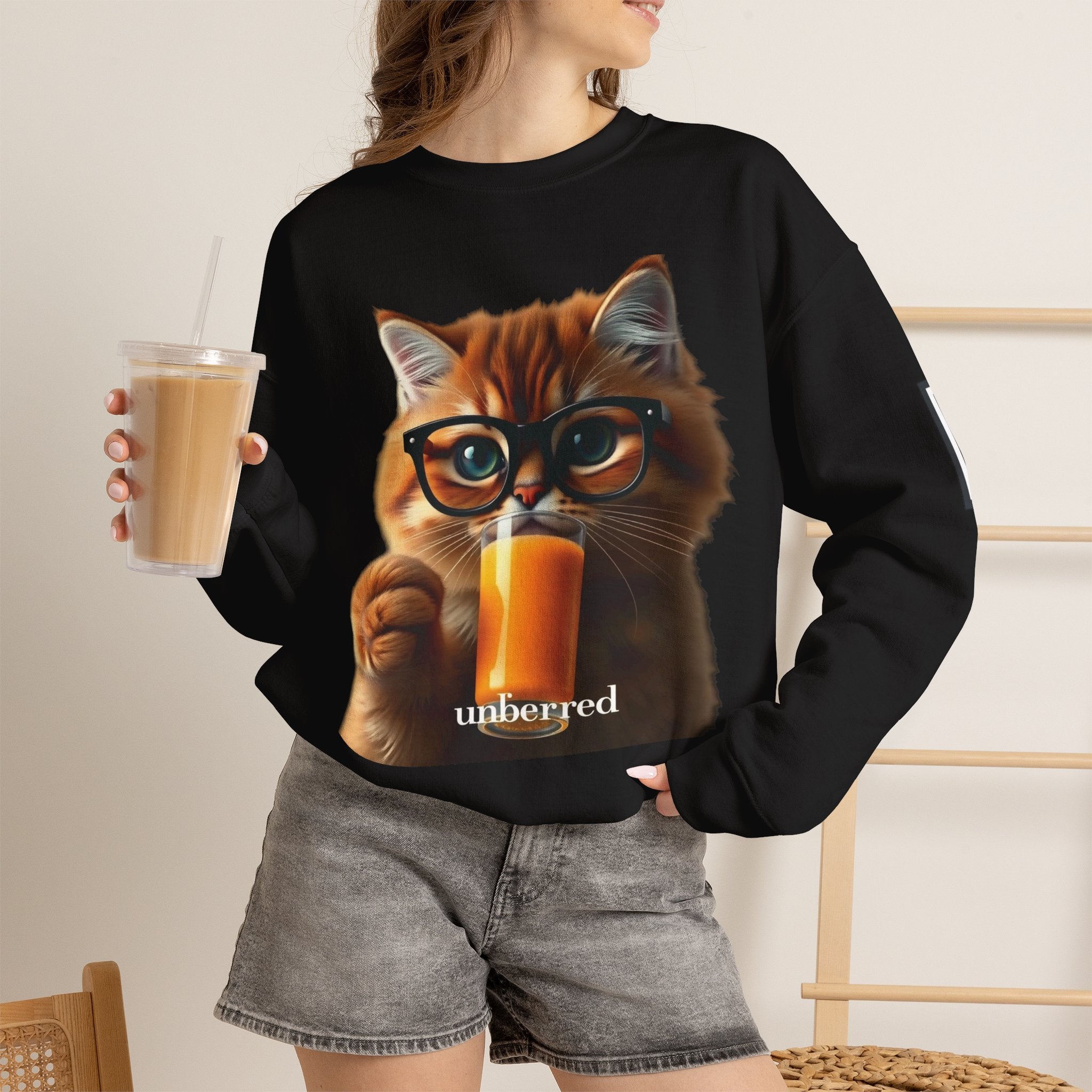 Cat With Juice Graphic Sweatshirt — 'Unbothered' Cozy Crewneck