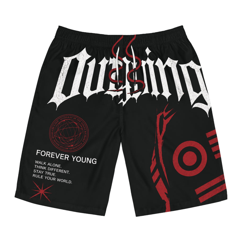 Forever Young Graphic Board Shorts — Men's Black Red Gothic Swim Trunks