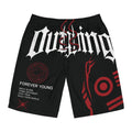 Forever Young Graphic Board Shorts — Men's Black Red Gothic Swim Trunks
