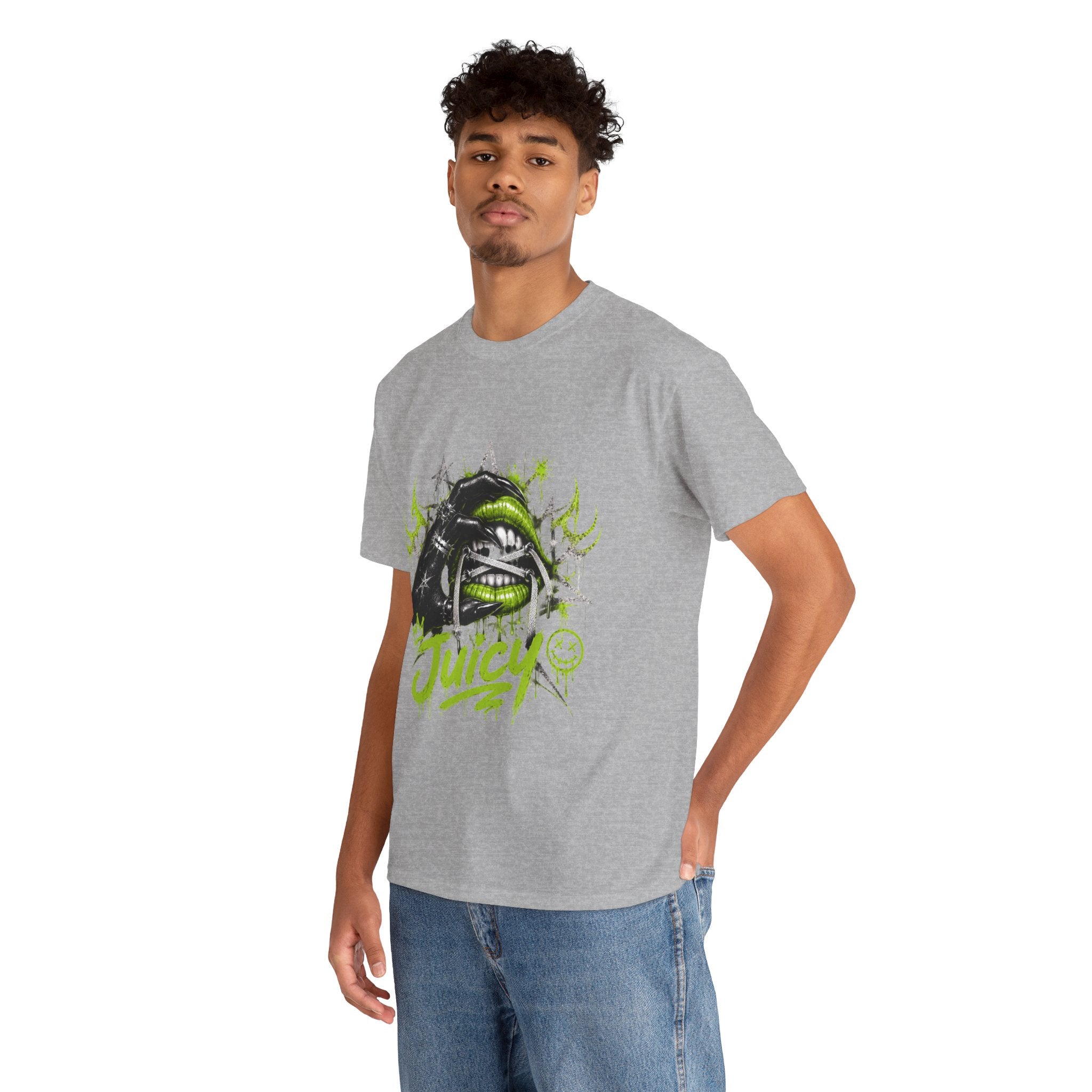 Juicy Graffiti Tee — Neon Green Street Art Graphic T-Shirt