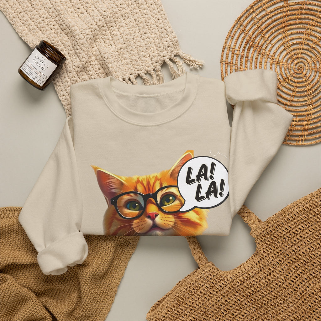 Cat Graphic Sweatshirt — Cute Orange Kitty with 'LA! LA!' Speech Bubble & Lion Crest Back
