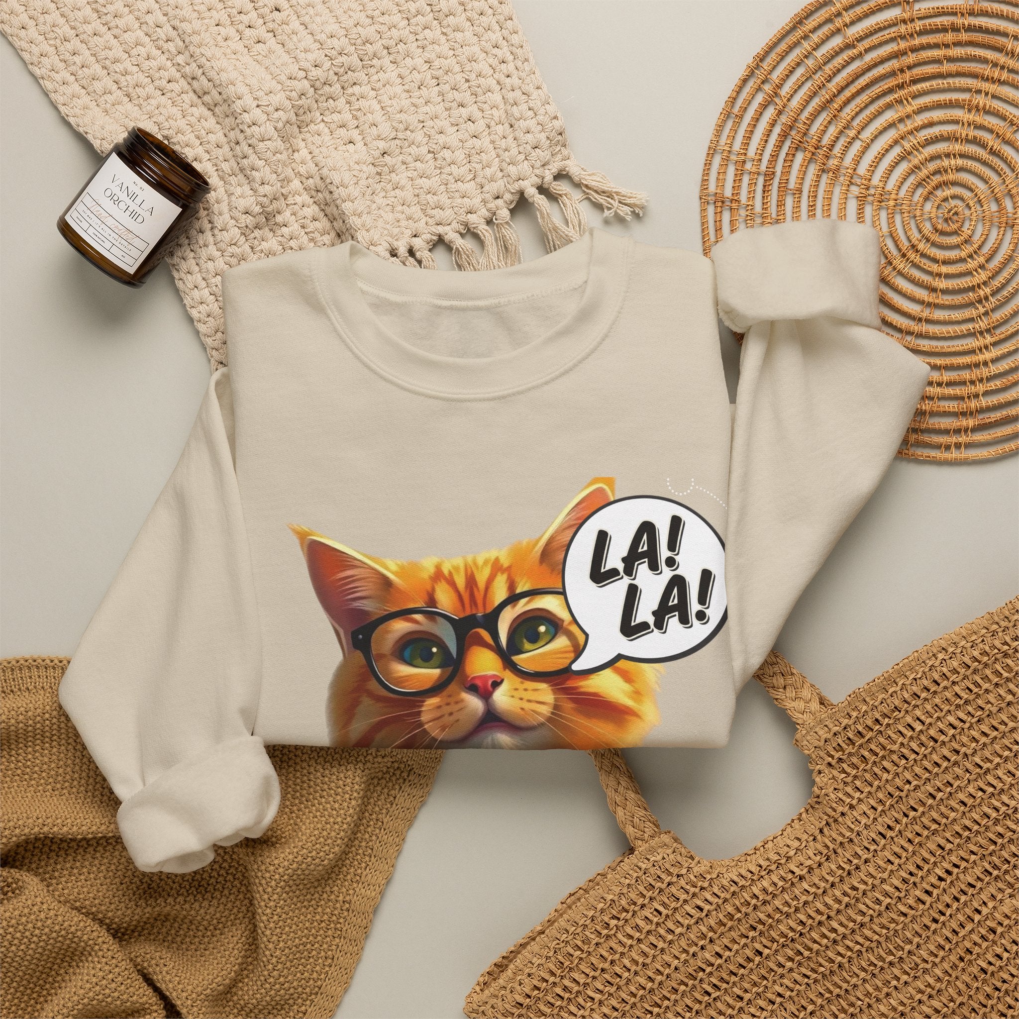 Cat Graphic Sweatshirt — Cute Orange Kitty with 'LA! LA!' Speech Bubble & Lion Crest Back