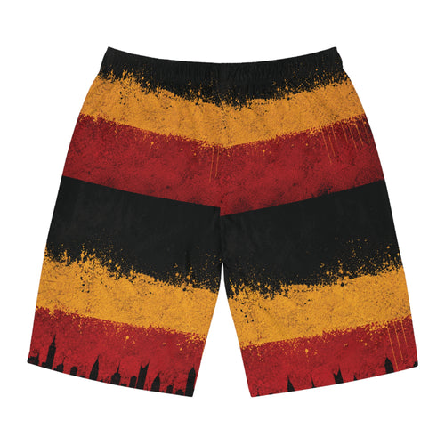 Board Shorts — Grunge Sunset Stripe with City Skyline