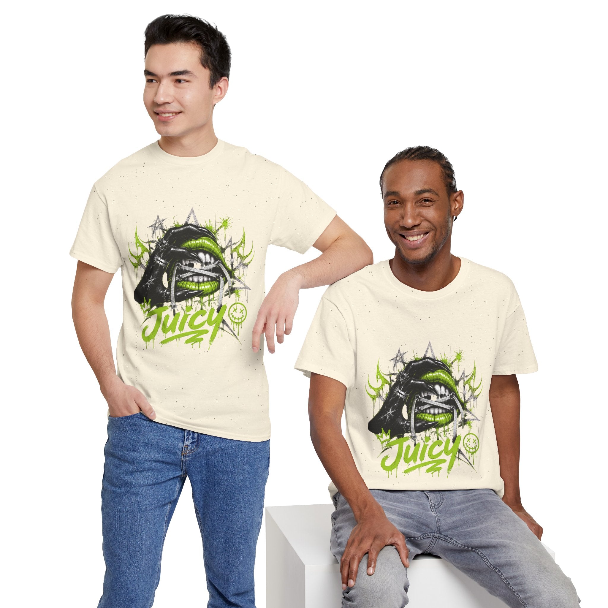 Juicy Graffiti Tee — Neon Green Street Art Graphic T-Shirt