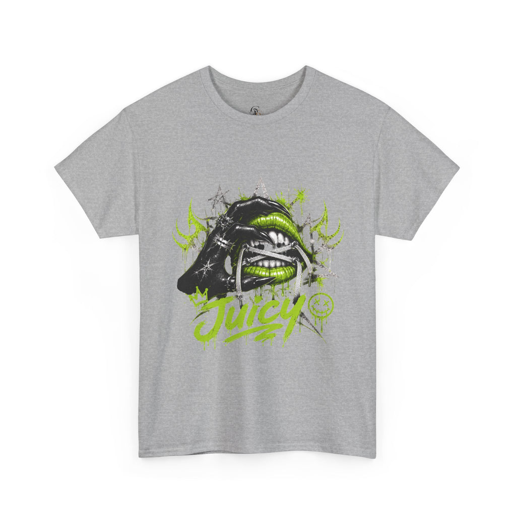Juicy Graffiti Tee — Neon Green Street Art Graphic T-Shirt