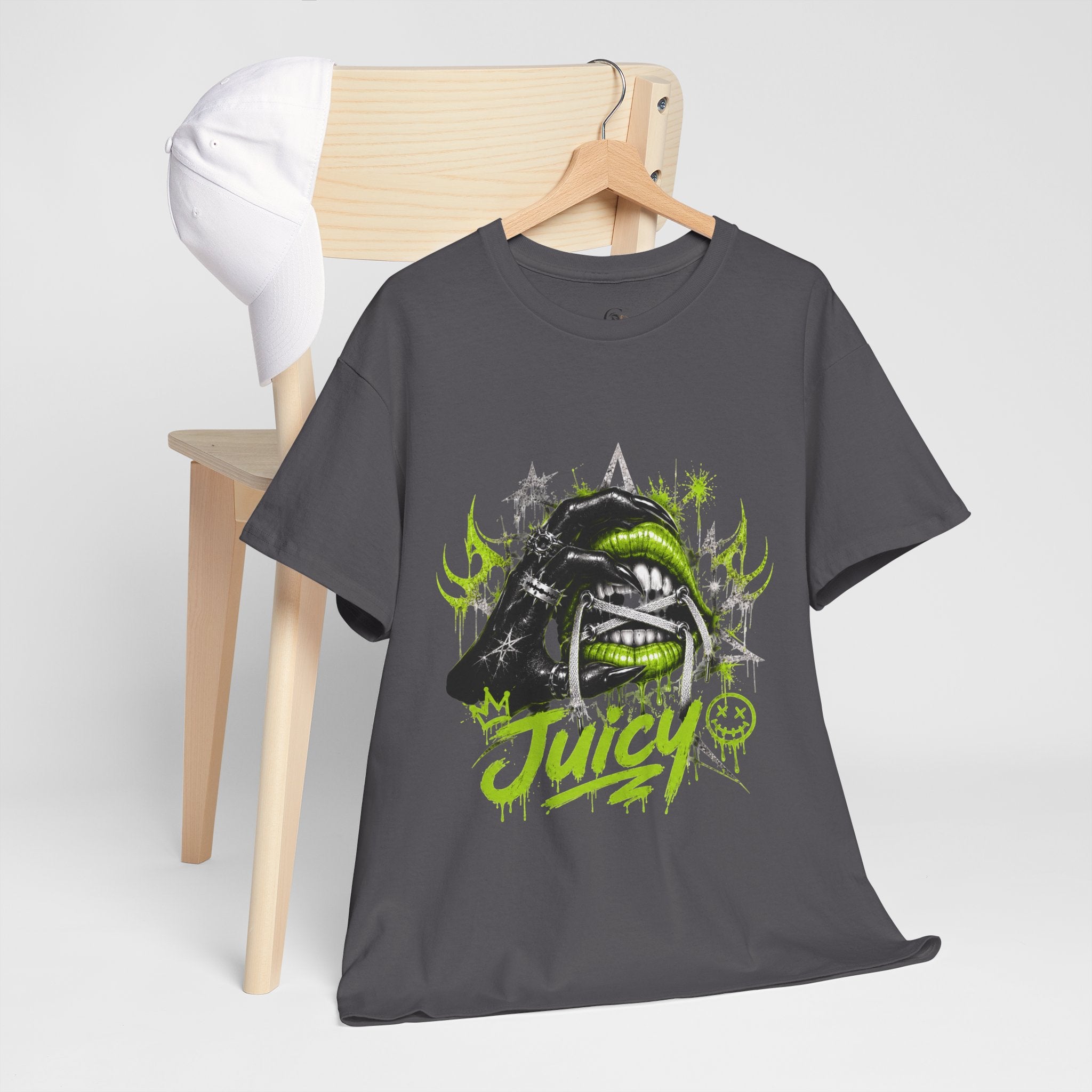 Juicy Graffiti Tee — Neon Green Street Art Graphic T-Shirt