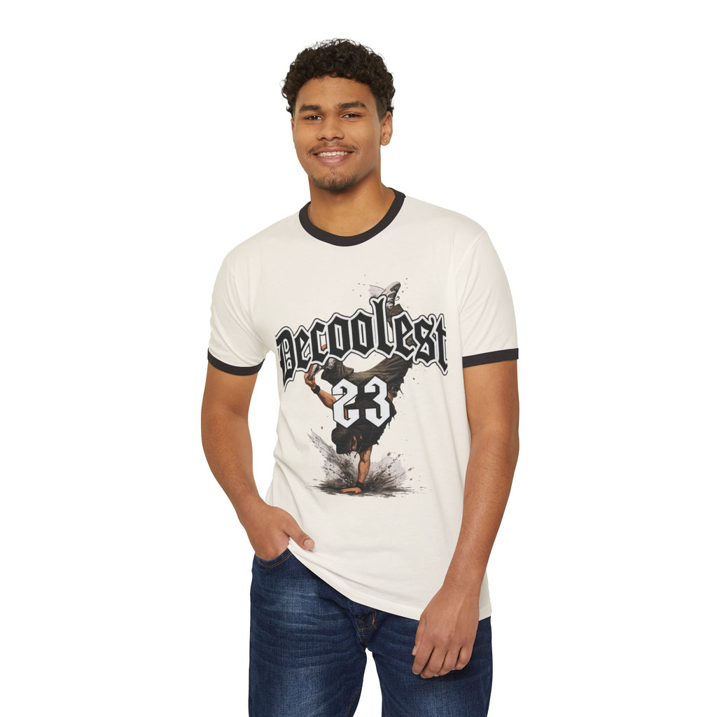 Ringer T-Shirt — 'Decoolest 23' Breakdancer Graphic with Lion Crest Back