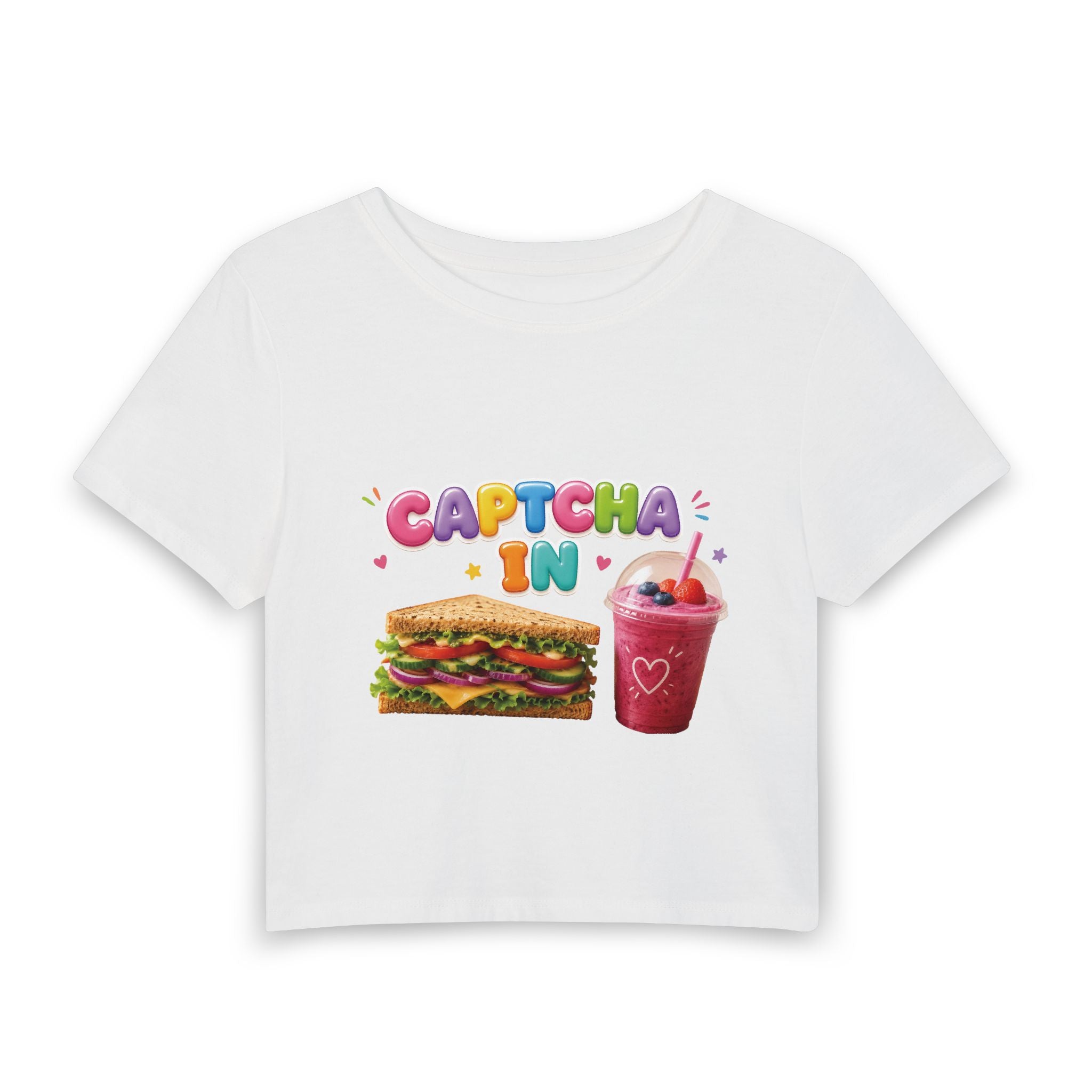 Women's Baby Tee — Cute Sandwich & Smoothie 'CAPTCHA IN' Graphic Crop Top