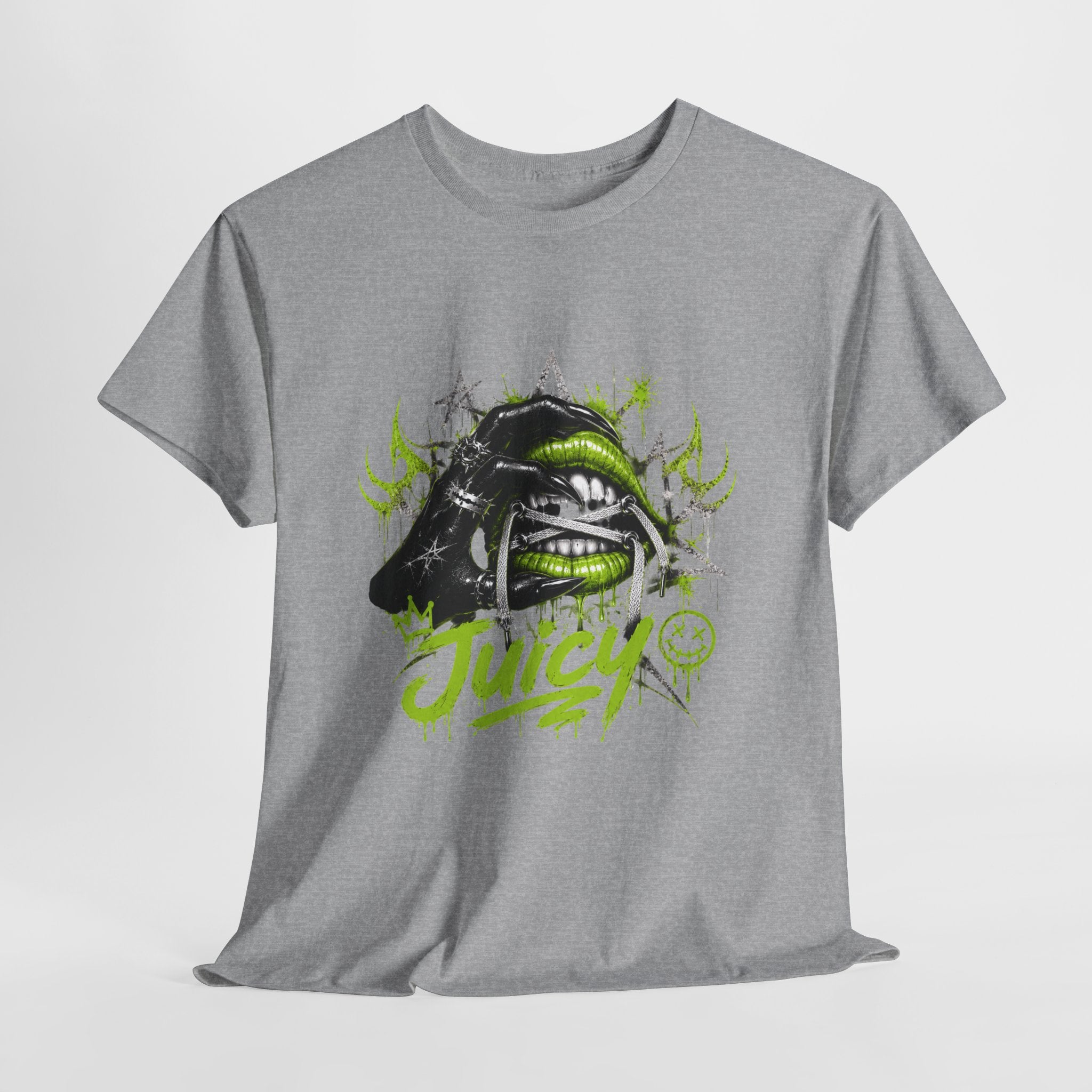 Juicy Graffiti Tee — Neon Green Street Art Graphic T-Shirt
