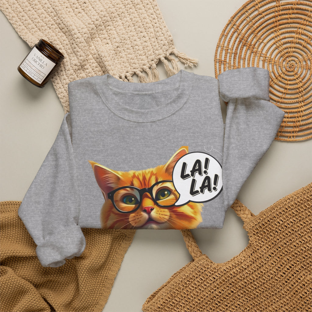 Cat Graphic Sweatshirt — Cute Orange Kitty with 'LA! LA!' Speech Bubble & Lion Crest Back