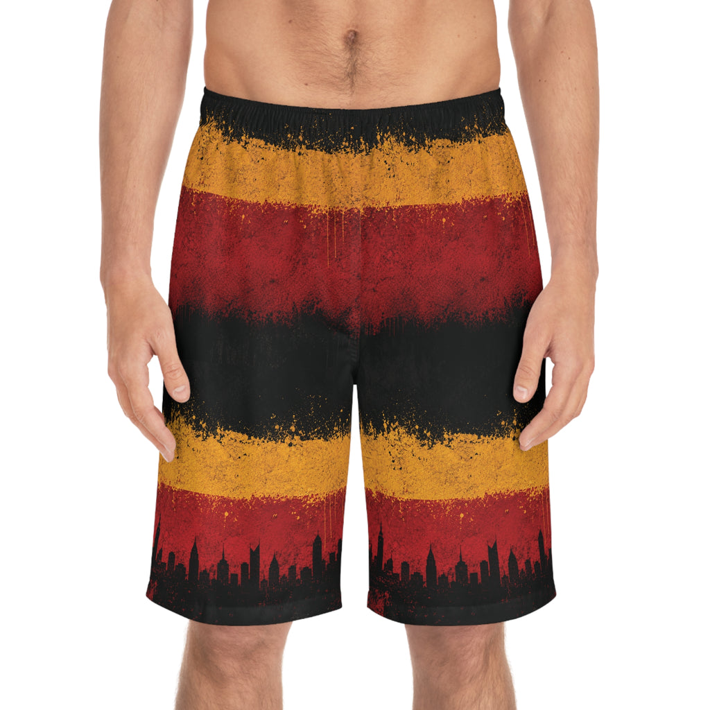 Board Shorts — Grunge Sunset Stripe with City Skyline