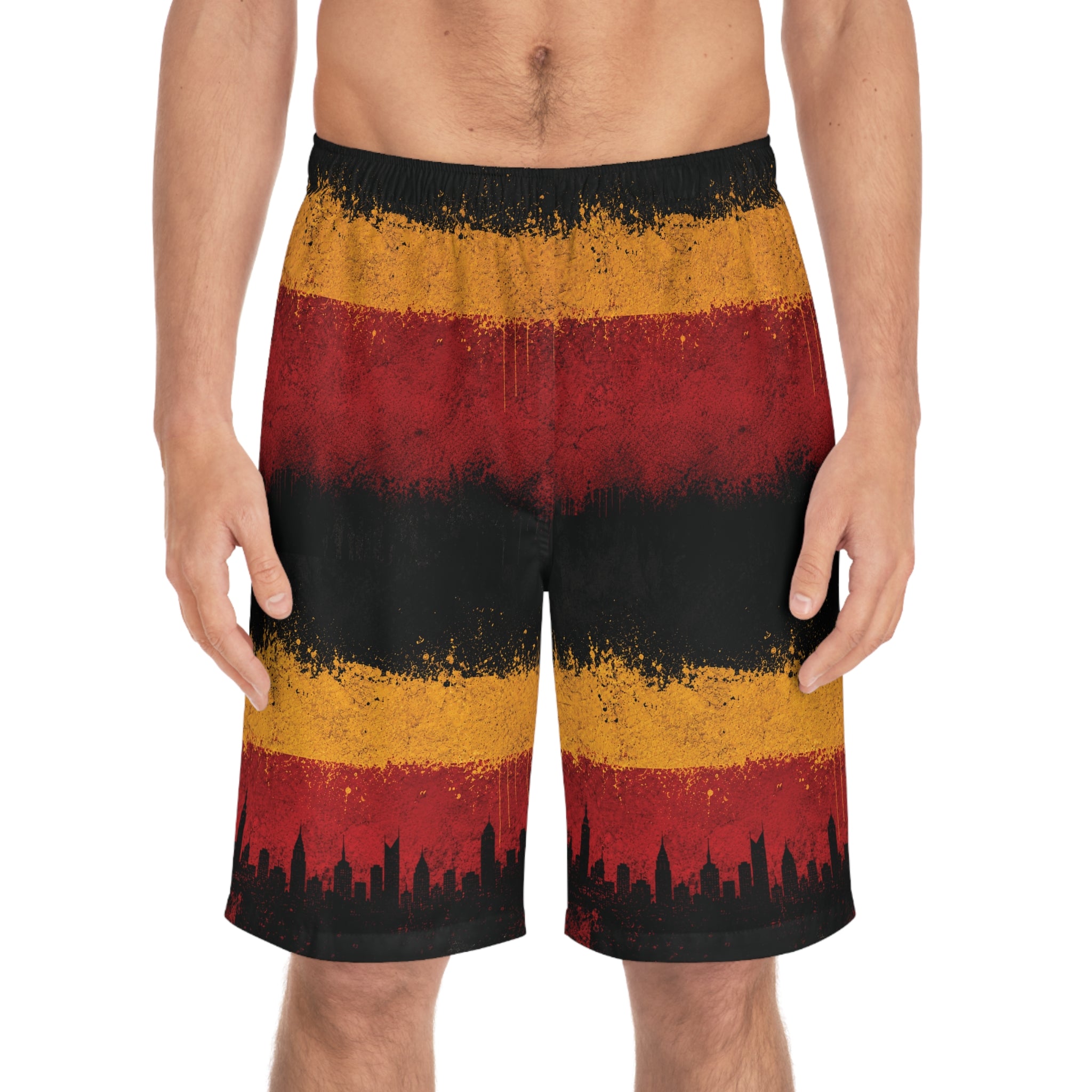 Board Shorts — Grunge Sunset Stripe with City Skyline